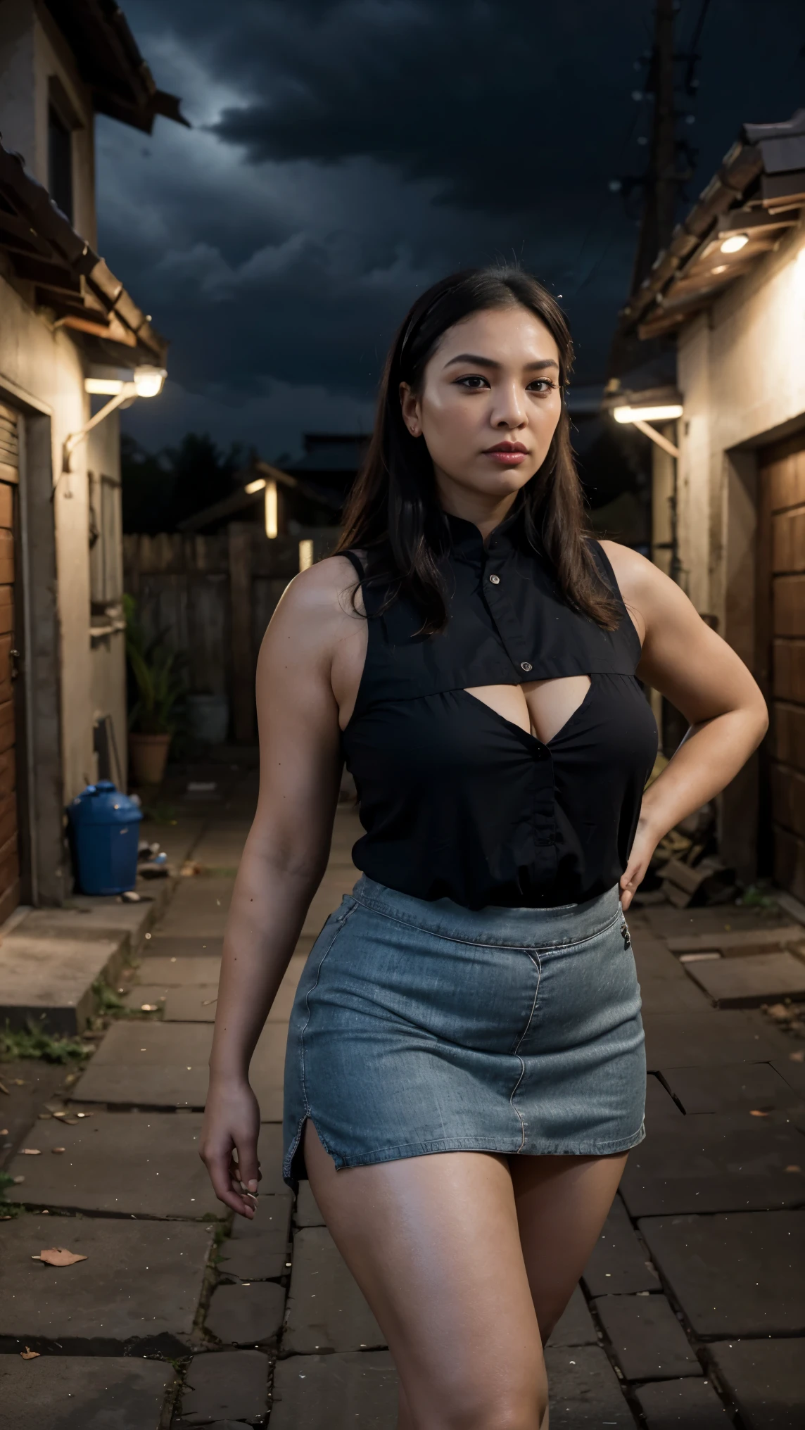 ((Nighttime - dark sky) - outside - quiet Indonesian alleyway - house garage - convertible car:1.75), ((Chinese-Indonesian:1.5)), very beautiful 40 yo fleshy Milf, slim waist, (fair complexion:1.25), very beautiful, hair with bangs tied-back in ponytail, (tight - button-down sleeveless shirt:1.55), (tight skirt - formal:1.75), (massive breasts under the shirt:1.45), (I have thick milf's arms:1.85), curvy - no muscles, (fully clothed:1.5), (stilletto), (front view - I'm walking:1.5), (at evening night), (full-body - head to boot), anusha cleavage, busty, voluptuous, thick, curvy model body, body dents, visible lips, plump, fleshy juicy hips, glossy sweaty skin, 🤬❤❤️‍🔥💦🍑, juicy lips, plump red lips, fantasy character art, absurdres, high res, ultrasharp, 8K, professional photograph, award-winning portrait, masterpiece, high detail full-body view, symmetrical, Nikon D850, 85mm lens, f/1.8, depth of field,  