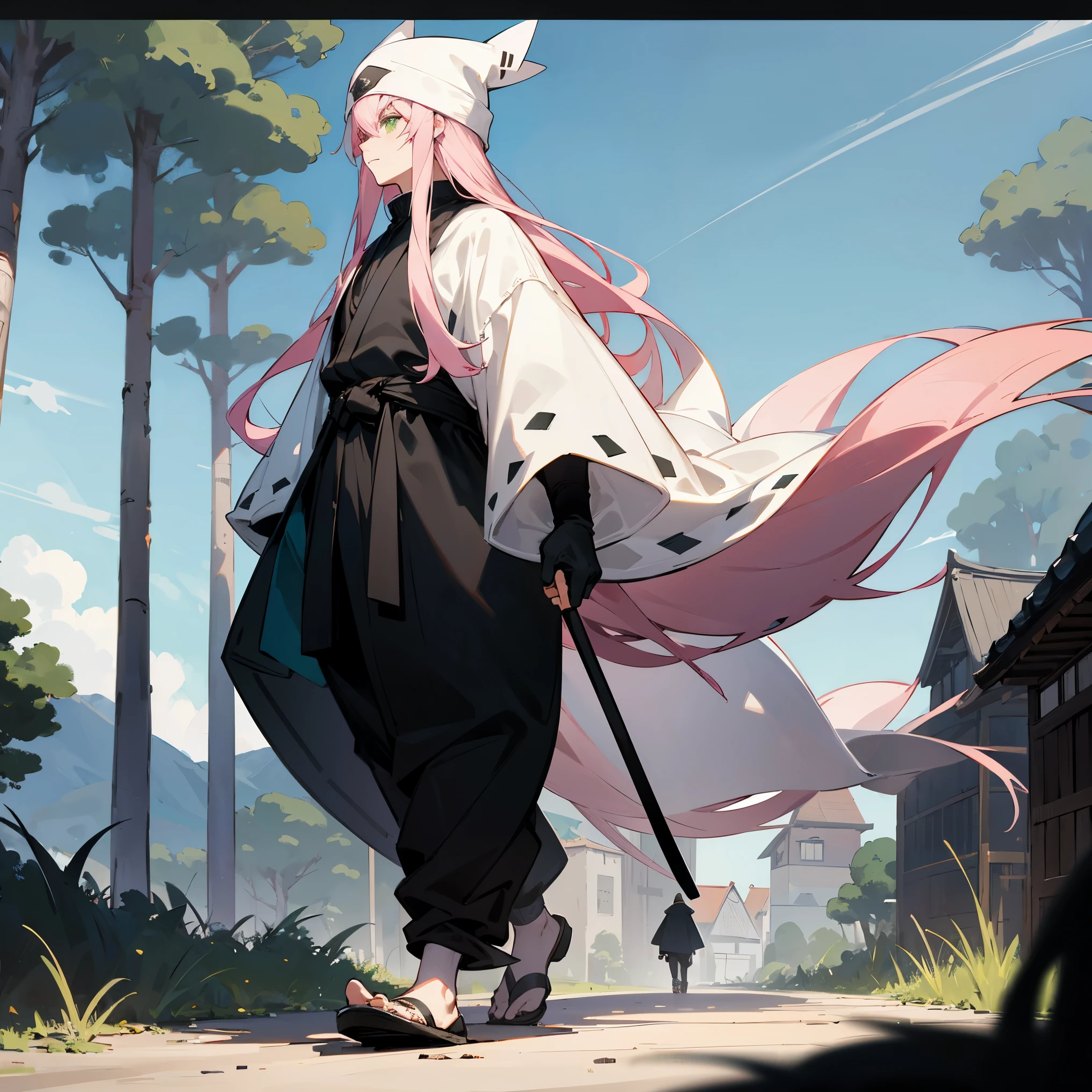 Pale Pink Hair , Green Eyes , Long Hair , 1male , White Fluffy Hat Cap with Black Polkadots , Black Clothing , Ninja Clothing , Village Background , Walking on path , Adult Male , Fitted Clothing , Unique Clothing , Muscular , Sunny Sky