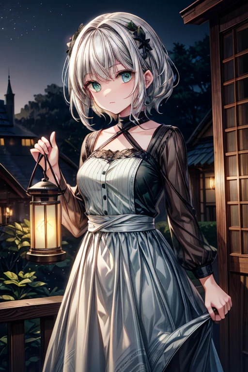 A gray haired young woman with green eyes is holding a lantern