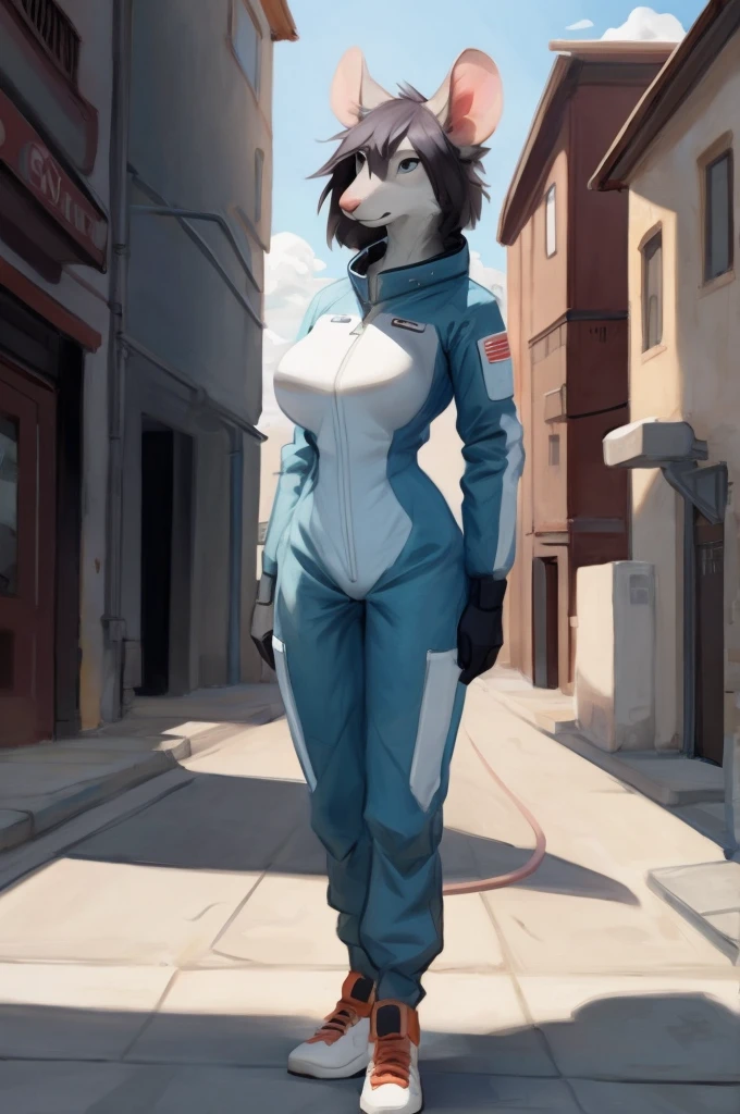 ((Snout, hair)), by bebebebebe, (by schmutzo), standing, solo, female, big breasts, slim, small waist, mouse, street, blue military spacesuit,