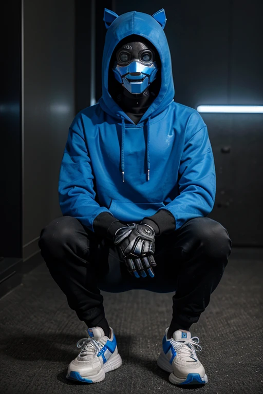 a male robot wearing a blue hoodie, black pants, and blue shoes looking at the camera with a smile with a neon blue robotic mask, as a robot race, not a human