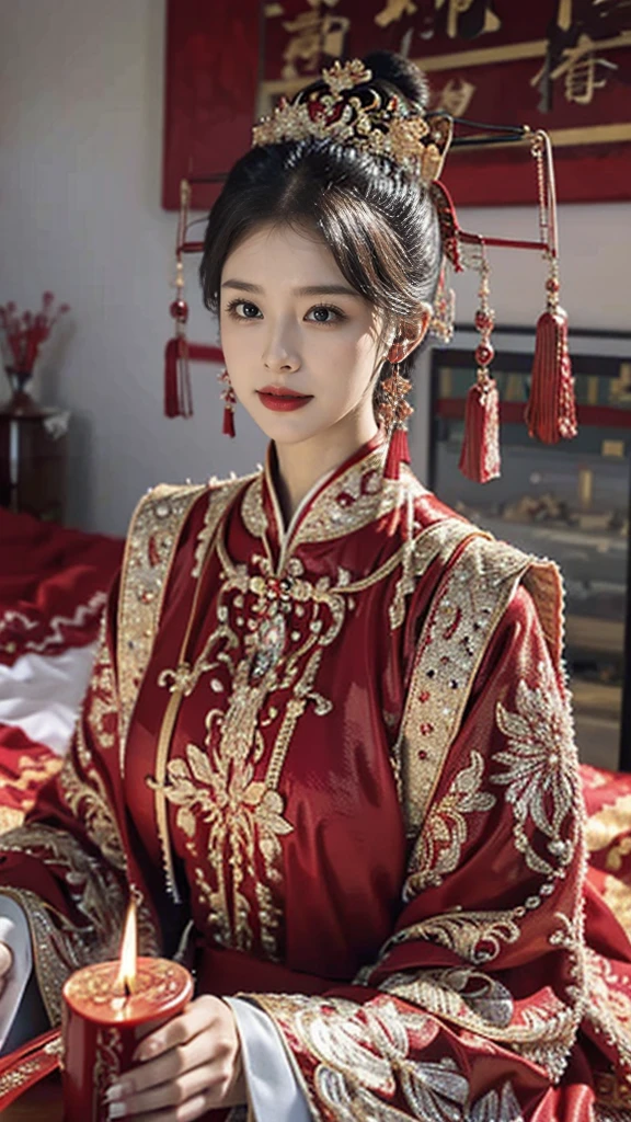 ulzzang -6500-v1.1, (Photo raw:1.2), (Photorealistic:1.4), Delicate beautiful girl, Glittering eyes have a very pleasant atmosphere................ . ......,13 years old, Attractive eyes and moist lips, cabelos preto e longos,（ssmile：1.3）,Detailed facial depiction, Formula details, Detailed facial feature depiction Star Masterpiece Fine Detail, Explain the role You in detail ,Detailed hair drawing, Carefully drawn, My body is wavy, Detailed hand drawing, Detailed drawing of clothes, Detailed drawing of face, Perfect face, Detailed hand drawing, 4 fingers and 1 thumb：1 ,3）,orthofacial,choker necklace, earrings, Expert work, Very close to reality, (Full body photo： 1.5）), Highest image quality, best quality, unlimited details, 8K分辨率,(( (Beautiful patterned embroidered cheongsam 1.5))),(((red long skirt cheongsam))),(Ancient courtyard scene：1.3）,Smile, Narrowed lower back, sexy pose,Bold pose, Beautiful legs visible through the slit of the long skirt , big full breasts, neat flowing hair,(Full Body), (cute face: 1.15), (big breasts: 1.2) high heels, big sexy hips, medium sexy thighs