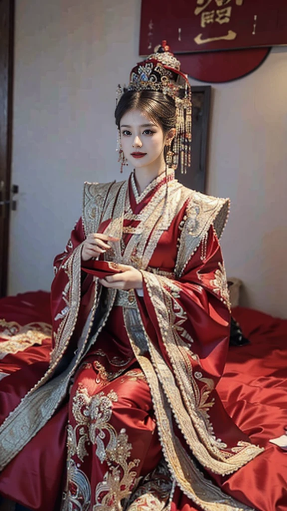 ulzzang -6500-v1.1, (Photo raw:1.2), (Photorealistic:1.4), Delicate beautiful girl, Glittering eyes have a very pleasant atmosphere................ . ......,13 years old, Attractive eyes and moist lips, cabelos preto e longos,（ssmile：1.3）,Detailed facial depiction, Formula details, Detailed facial feature depiction Star Masterpiece Fine Detail, Explain the role You in detail ,Detailed hair drawing, Carefully drawn, My body is wavy, Detailed hand drawing, Detailed drawing of clothes, Detailed drawing of face, Perfect face, Detailed hand drawing, 4 fingers and 1 thumb：1 ,3）,orthofacial,choker necklace, earrings, Expert work, Very close to reality, (Full body photo： 1.5）), Highest image quality, best quality, unlimited details, 8K分辨率,(( (Beautiful patterned embroidered cheongsam 1.5))),(((red long skirt cheongsam))),(Ancient courtyard scene：1.3）,Smile, Narrowed lower back, sexy pose,Bold pose, Beautiful legs visible through the slit of the long skirt , big full breasts, neat flowing hair,(Full Body), (cute face: 1.15), (big breasts: 1.2) high heels, big sexy hips, medium sexy thighs