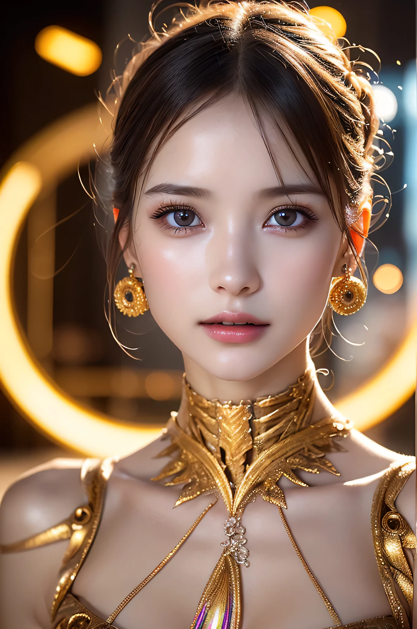 (1girl), (human face, human skin:1.3), Highly Detailed Beautiful girl, (extremely detailed beautiful face), Amazing face and eyes, beautiful breasts, (Highest Quality: 1.4), (Super Detailed), (Very Delicate and Beautiful), golden body, Biomechanical Cyborg, Beautiful Natural Shapes, Arteries, Veins , lace, colorful details, diamond earrings, very delicate embroidery, intricate details, surreal, Super detailed, cyborg girl, realistic, (Special skin that allows the inside of the body to be seen through, translucent skin, Precise golden body, hollow body interior, half-human translucent human body, skin made of extremely complex layers of metal fibers, extremely complex body made up of countless IC chips structure: 1.6), iridescent, futuristic, super complex, super beautiful, highly detailed CG unified 8K wallpaper, high resolution raw color photo, professional photo, flesh and blood, (cyber punk, Spiral structure, future urban cyberspace, iridescent illumination, dazzling light:1.35), sf, A scene from an impossible movie