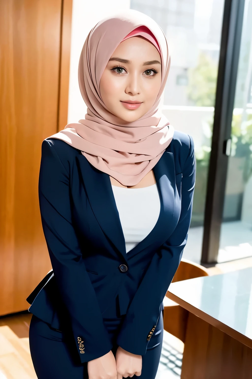 RAW, Best quality, high resolution, masterpiece: 1.3), 1 beautiful russian girl in full hijab, 20 years old,Masterpiece, perfect  fit body, big breast, Soft smile,thick thighs,muslim close up of a woman, wearing elegant casual clothes, modern hijab, girl in sexy office suit, wearing a sexy peplum blazer, cleavage cutout, micro skirt, sexy office clothes,  afternoon walk, City garden, Excellent lighting, Bright colors, Clean lines