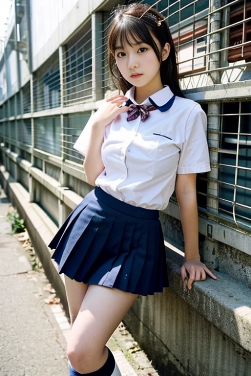 ((highest quality)), ((masterpiece)), 17 year old real Japanese beautiful girl idol high school student、Cornered into an abandoned factory、school uniform、35cm miniskirt above the knee、beautiful thighs、beautiful small breasts、running away from thugs、Short sleeves are torn、Fall down and see your beautiful butt