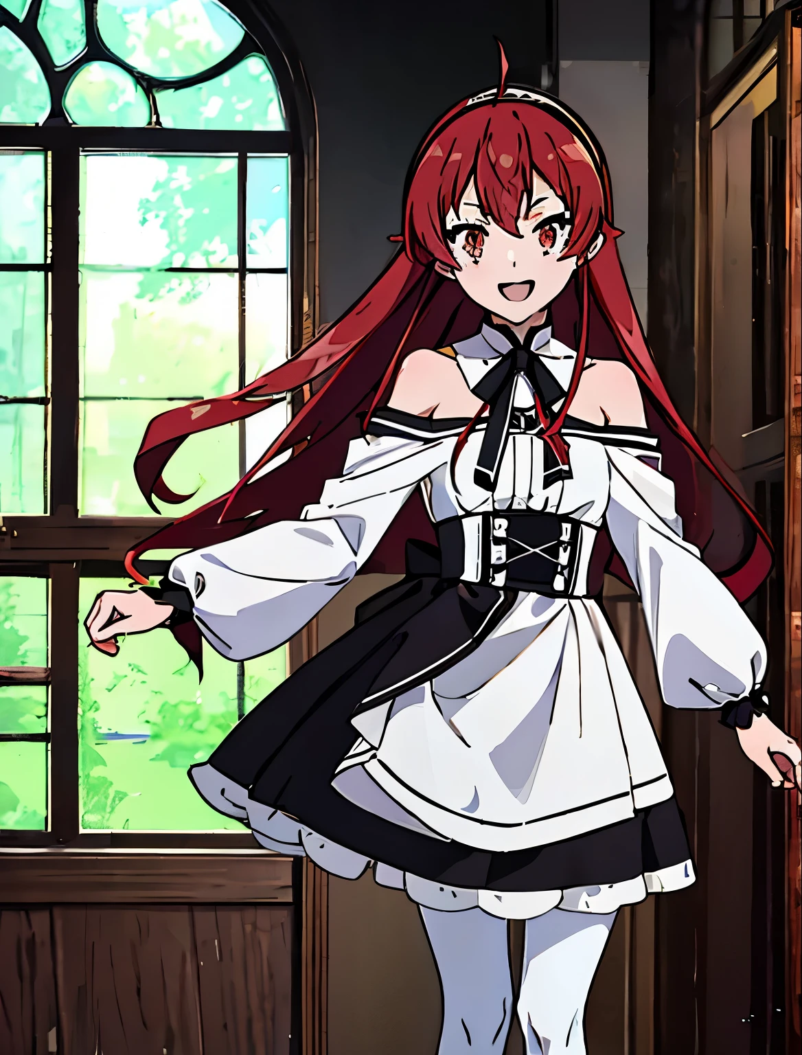 Best Quality, (masutepiece:1.2), Detailed, 1girl in, Solo, Open mouth, Smile, Long hair, Red hair, Ahoge, Red Eyes, black hairband, White Dress, Bare shoulders, Neck ribbon, a black ribbon, Dark brown skirt, Long sleeves, (White pantyhose:1.2), Standing, Looking at the viewer, Indoors, window