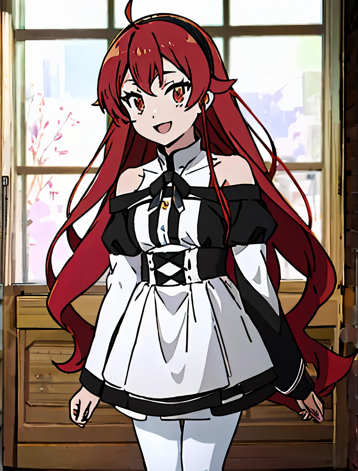 Best Quality, (masutepiece:1.2), Detailed, 1girl in, Solo, Open mouth, Smile, Long hair, Red hair, Ahoge, Red Eyes, black hairband, White Dress, Bare shoulders, Neck ribbon, a black ribbon, Dark brown skirt, Long sleeves, (White pantyhose:1.2), Standing, Looking at the viewer, Indoors, window