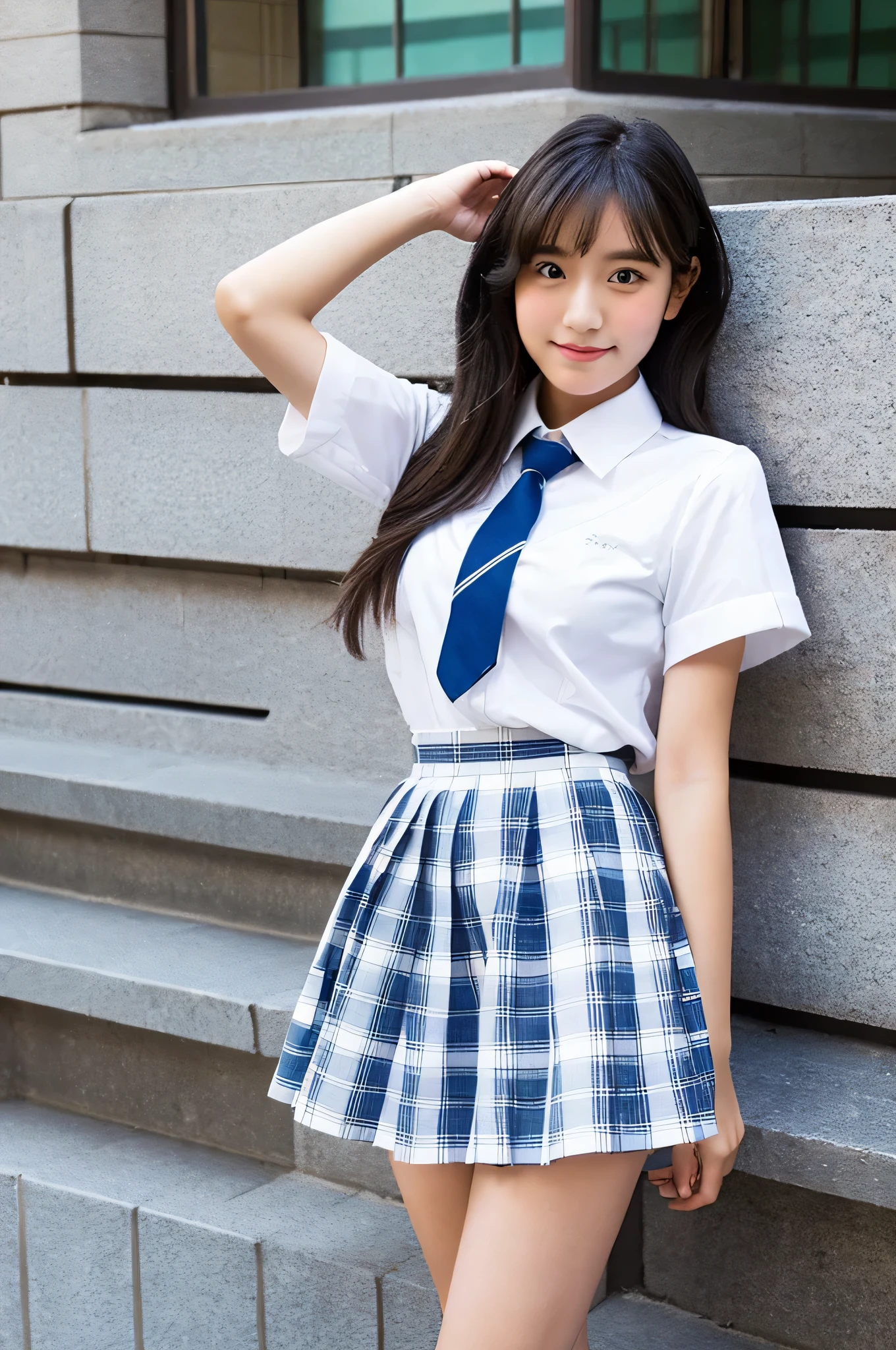 An 18-year-old high school girl wearing a white shirt and a light blue plaid miniskirt..（black hair）