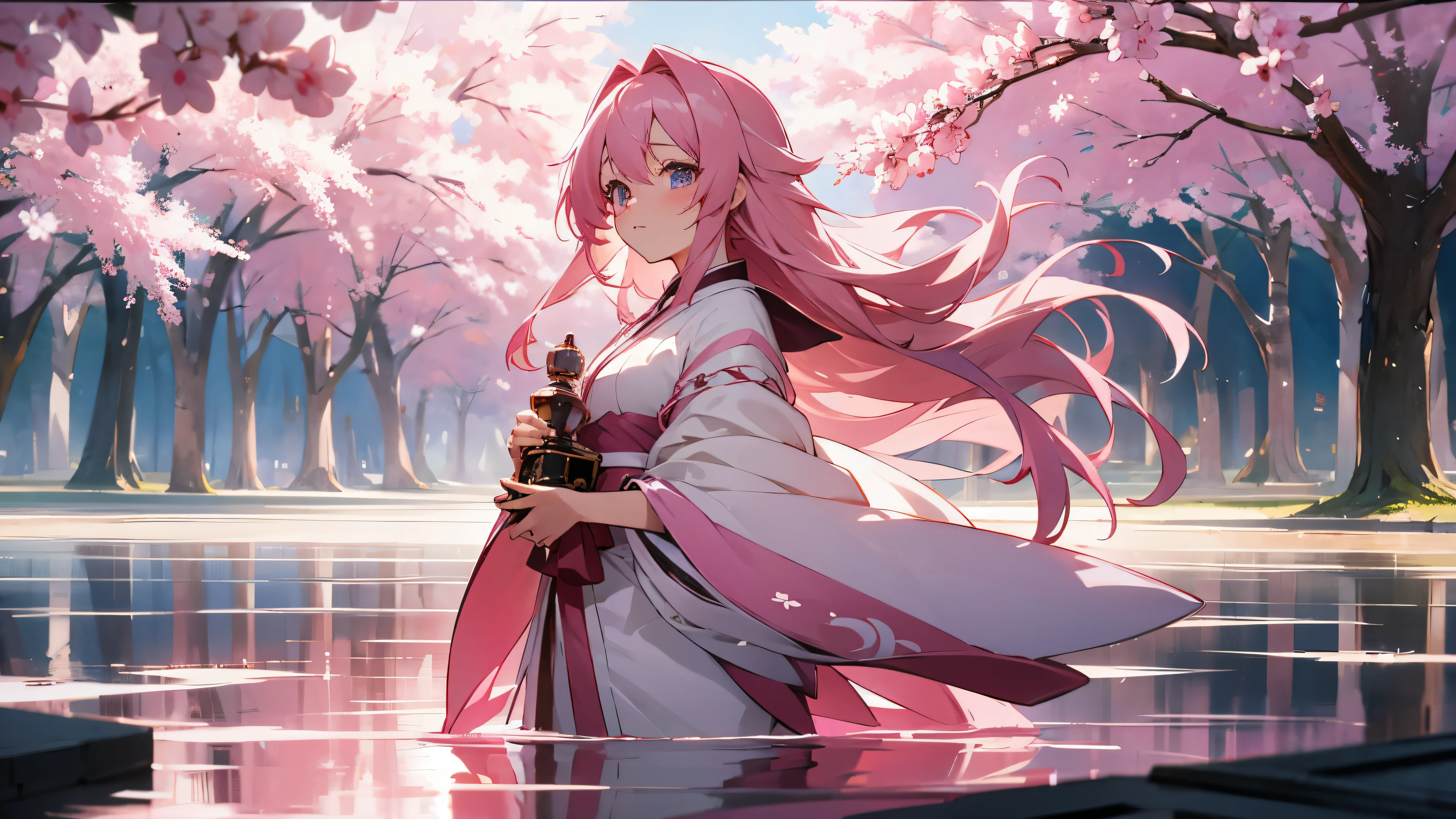 beautiful, pink haired anime girl, long hair, cute, masterpiece, award winning, ultra high defintion, 8K, sakura themed, japan