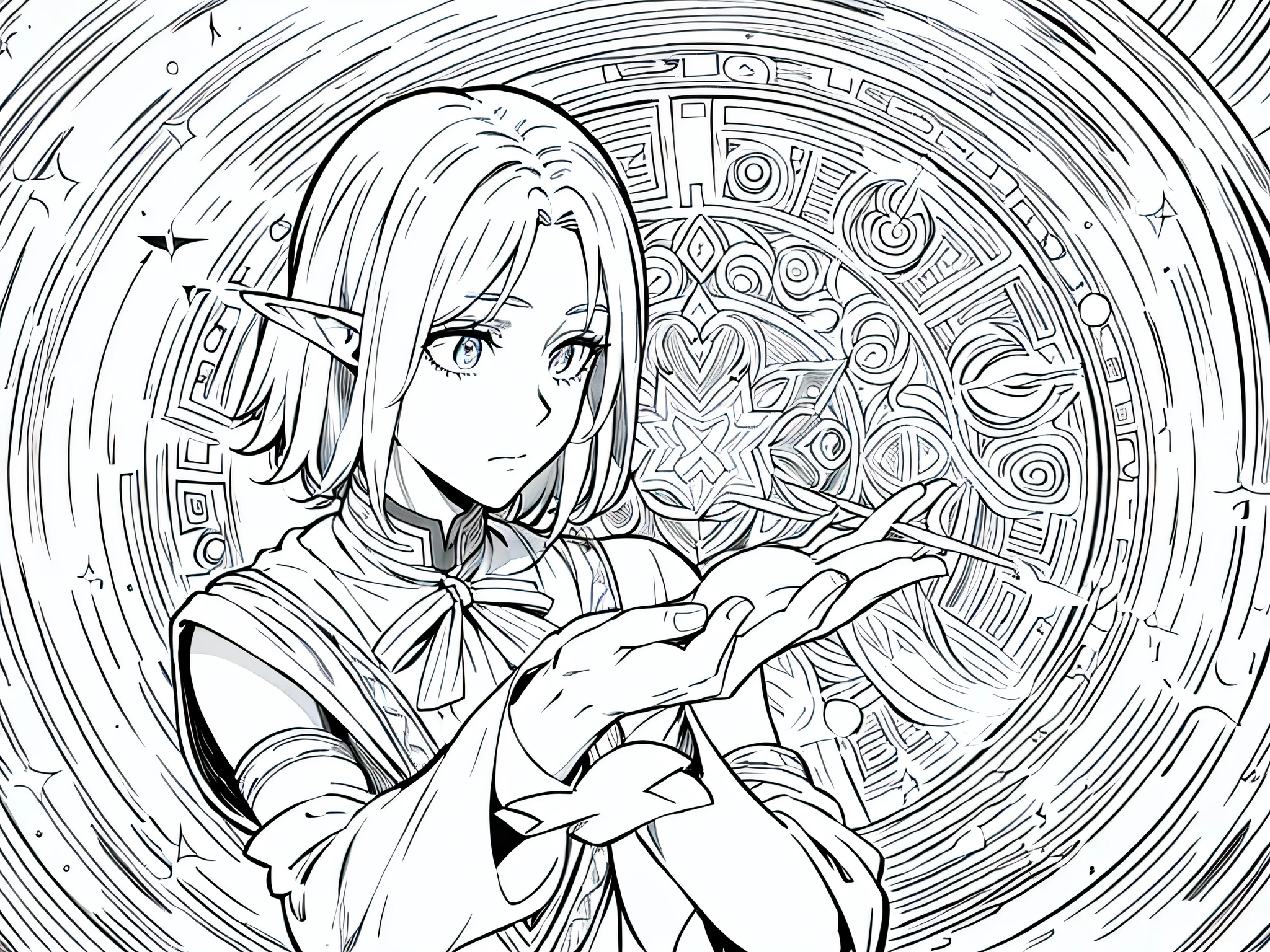 1 young elf man, wearing typical elf outfit, casting a magic spell from his hand, face to detail, detailed face, the background is just white, monochrome (clear line, lineart), half-body illustration
