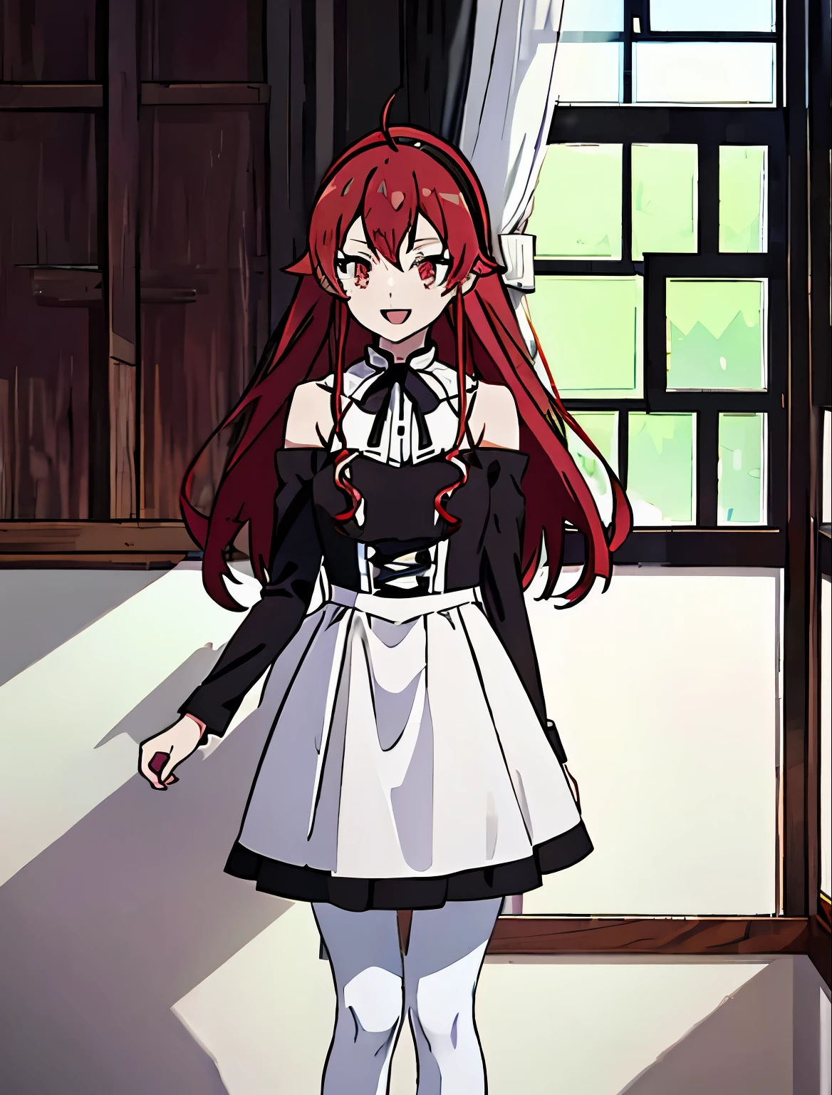 Best Quality, (masutepiece:1.2), Detailed, 1girl in, Solo, Open mouth, Smile, Long hair, Red hair, Ahoge, Red Eyes, black hairband, White Dress, Bare shoulders, Neck ribbon, a black ribbon, Dark brown skirt, Long sleeves, (White pantyhose:1.2), Standing, Looking at the viewer, Indoors, window