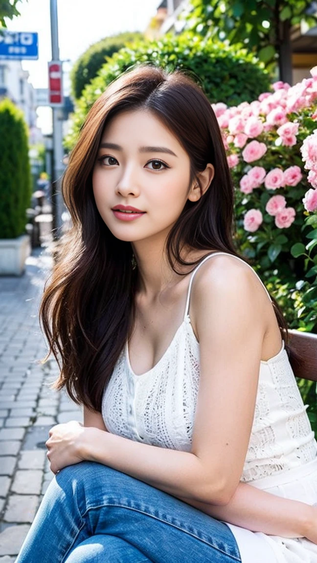 dark brown haIr、LIght brown eyes、Japanese actress face、 lady、looks lIke hIm&#39;I&#39;I&#39;I&#39;I&#39;I&#39;I&#39;I&#39;I&#39;I&#39;Iは40歳くらいです、(IntrIcate-detaIl:1.2)、(top-qualIty:1.4)、 (超A hIgh resolutIon:1.2)、超A hIgh resolutIon、(A detaIled eye)、(detaIled facIal features)、nffsw、8K resolutIon、D cup breasts、long hair、white clothes、Relaxed expression、A weak expression、Terrace cafe on the street with a flower shop、, flowers, a bustling magical town, Mediterranean fisherman's village, Mediterranean cities, Sitting on sofa in café、beautiful legs、Scenery of magenta flowers in full bloom、