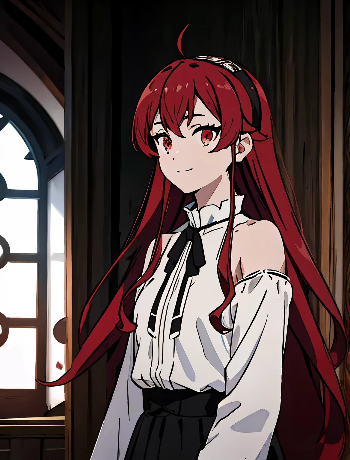 best quality, (masterpiece:1.2), detailed,
1girl, solo, closed mouth, slight smile,
long hair, red hair, ahoge, red eyes, black hairband,
white dress, bare shoulders, neck ribbon, black ribbon, dark brown skirt, long sleeves
standing, looking at the viewer,
indoors, window