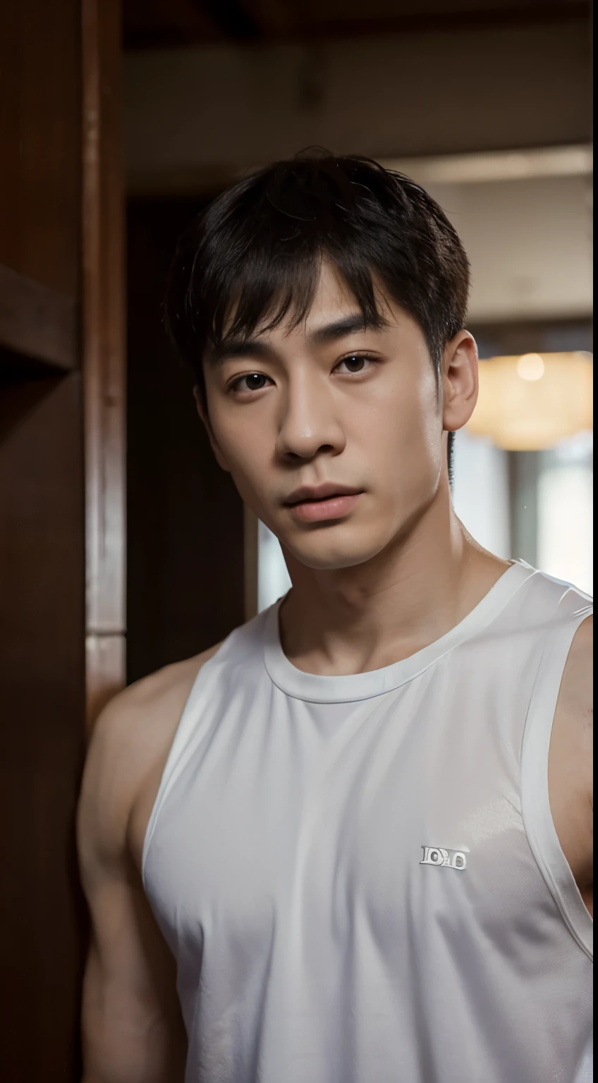 Realistic masterpiece, young Chinese man, Chinese male actor, Deng Lun อายุ 18 ปี, handsome, Good shape, big muscles,Plump muscles, black hair,, Bright black eyes, Narrow eyes, Prominent nose, Thin mouth, Height 180 cm, Good shape, Wear a basketball uniform, The background is a night light. large bulge in the middle Sharp and detailed face. Pictures taken with the Canon 50k camera are clear.. Pinkish-white skin. ใบหน้าhandsome.Clear Face. Deng Lun
