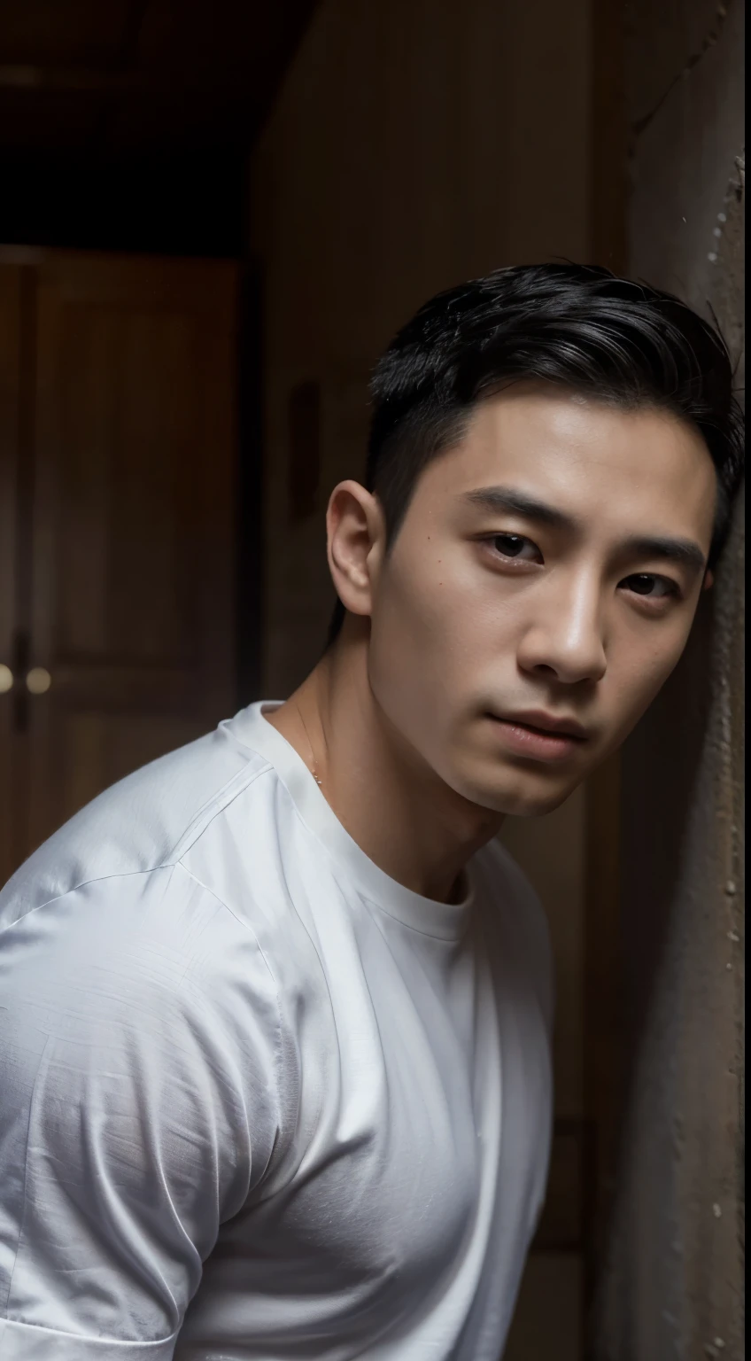 Realistic masterpiece, young Chinese man, Chinese male actor, Deng Lun อายุ 18 ปี,  handsome, Good shape, big muscles,Plump muscles, black hair,, Bright black eyes, Narrow eyes, Prominent nose, Thin mouth, Height 180 cm, Good shape, Wear a basketball uniform, The background is a night light. large bulge in the middle Sharp and detailed face. Pictures taken with the Canon 50k camera are clear.. Pinkish-white skin. ใบหน้าhandsome.Clear Face. Deng Lun 