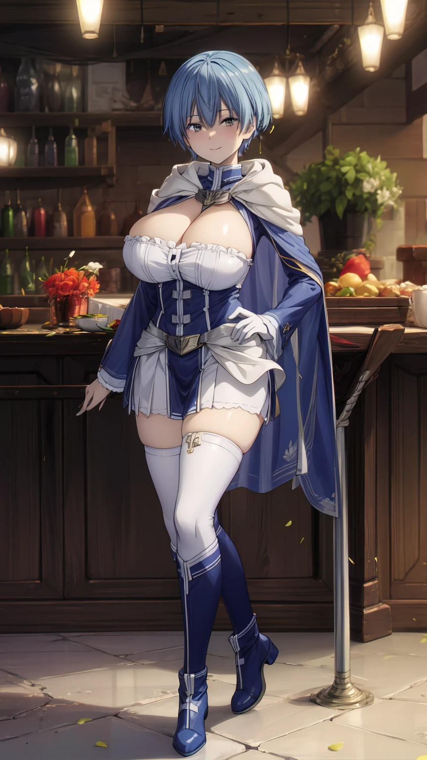 an illustration of showing a person with a cape and a blue hair color in the animation style clothing, long hair, female focus, solo, cape, long sleeves, hand on hip, standing, looking at viewer, full body, black footwear, bangs, short skirt, blue hair, white skirt, boots, smile, skirt tucked in, closed mouth, huge breast, perfect Composition, cleavage,
1 girl, 20yo,YOUNG female,Beautiful Finger, Beautiful long legs ,Beautiful body ,Beautiful Nose ,Beautiful character design, perfect eyes, perfect face,
official art, extremely detailed CG unity 8k wallpaper, perfect lighting,Colorful, Bright_Front_face_Lightinasterpiece:1.0),(best_quality:1.0), ultra high res,4K,ultra-detailed,
photography, 8K, HDR, highres, absurdres:1.2, Kodak portra 400, film grain, blurry background, bokeh:1.2, lens flare, (vibrant_color:1.2)
, (beautiful_face:1.5),(narrow_waist), (Beautiful,Huge_Breasts:1.3)