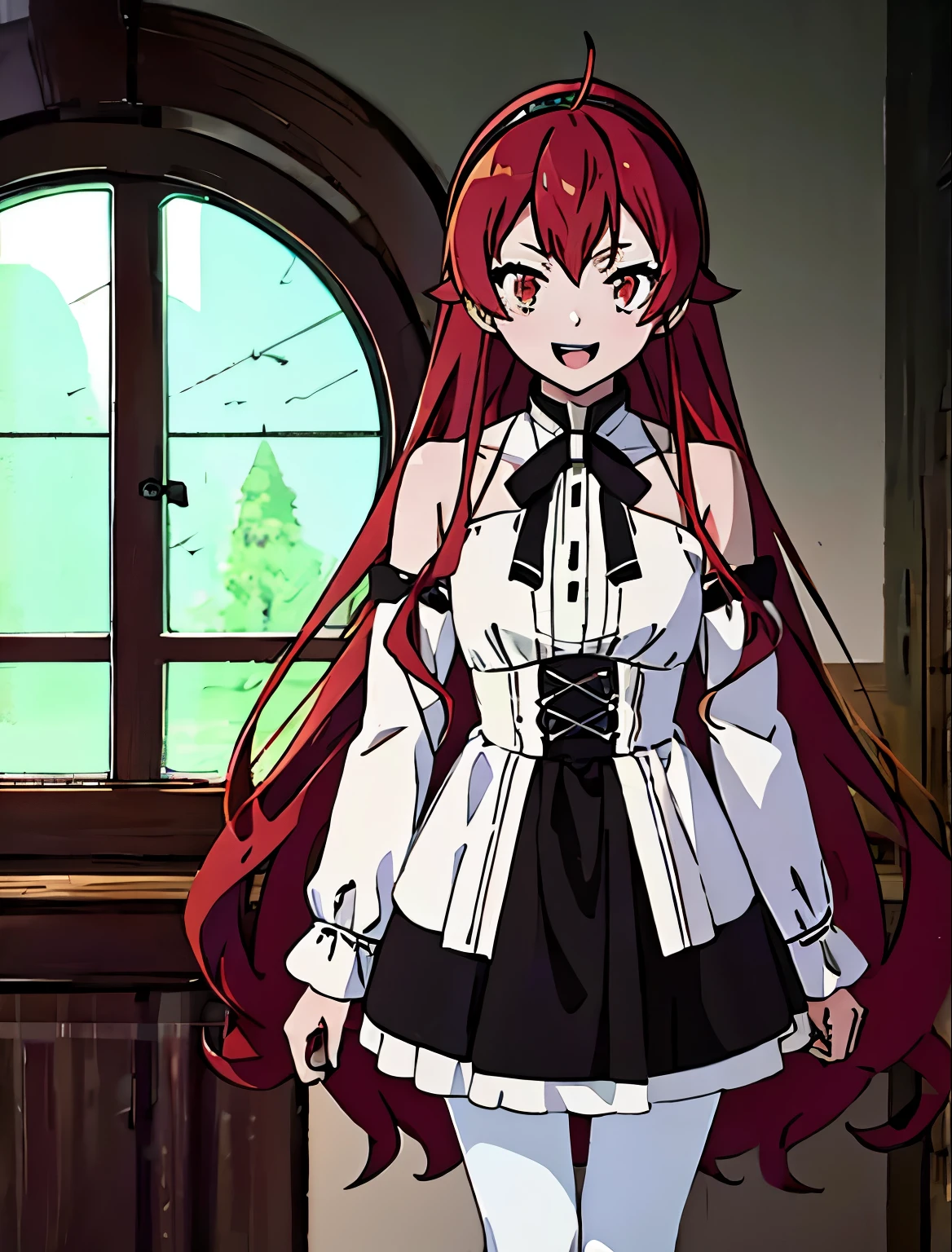 Best Quality, (masutepiece:1.2), Detailed, 1girl in, Solo, Open mouth, Smile, Long hair, Red hair, Ahoge, Red Eyes, black hairband, White Dress, Bare shoulders, Neck ribbon, a black ribbon, Dark brown skirt, Long sleeves, (White pantyhose:1.2), Standing, Looking at the viewer, Indoors, window