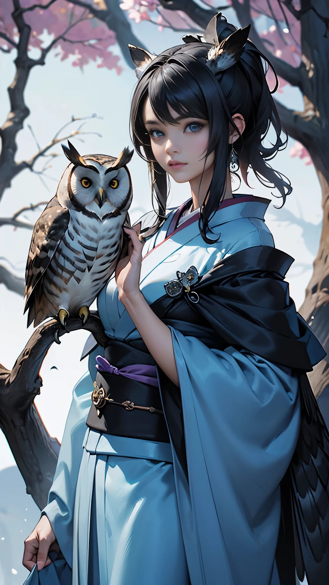 Fondo de pantalla CG Unity 8k altamente detallado, With the highest quality, obra maestra, Realista, fotos realistas, Sharp focus：1.2、Estilo perfecto、Herrero&#39;(Fish owl perches on 18-year-old Japanese woman&#39;s shoulder).,More detailed 8K.motor irreal:1.4,UHD,La mejor calidad:1.4, fotorrealista:1.4, textura de la piel:1.4, obra maestra:1.8,obra-prima, mejor calidad,objeto Objeto], (detailed face features:1.3),((Las proporciones correctas)),convexo，(Dedos de camello),(Ojos hermosos azules), (kimono:1.4) ,(owl shoulder:1.4) ,(background black trees Fantasy spooky:1.4) ,(fondo oscuro rocas grandes) 