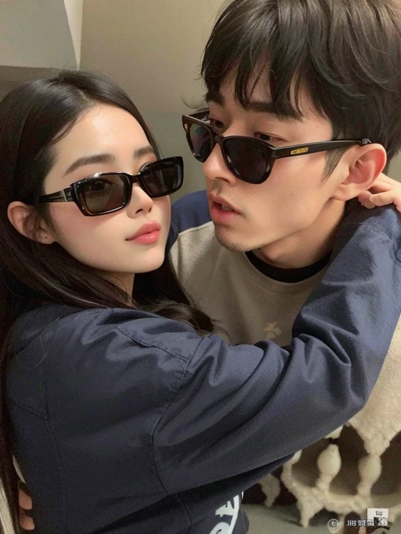 un primer plano de una persona con gafas de sol abrazando a otra persona, con gafas de sol, lovely pareja, pareja pose, foto de perfil, ulzzang, yanjun chengt, pareja, 🤬 🤮 💕 🎀, 🕹️ 😎 🚬, con ella larga, Ruan Jia y Fenghua Zhong, jia, con gafas de soles