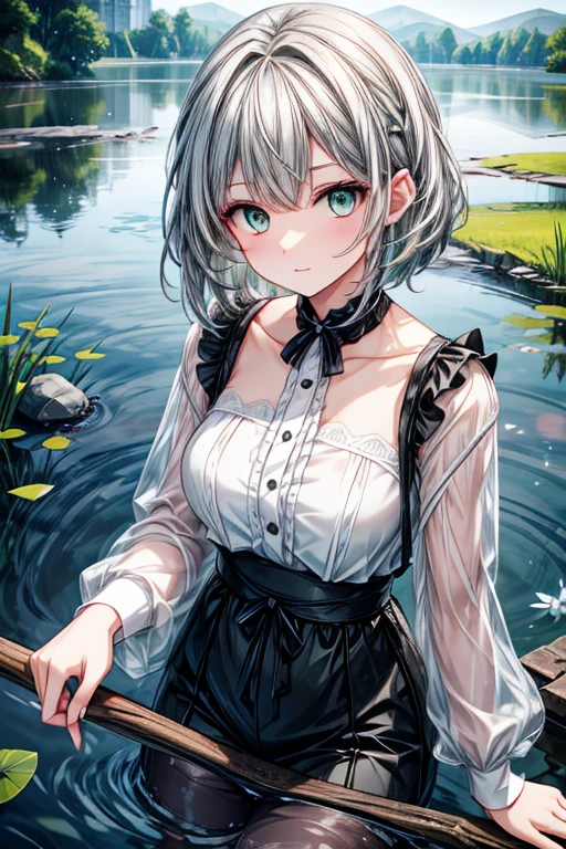 A gray haired young woman with green eyes is playing with surface of a pond
