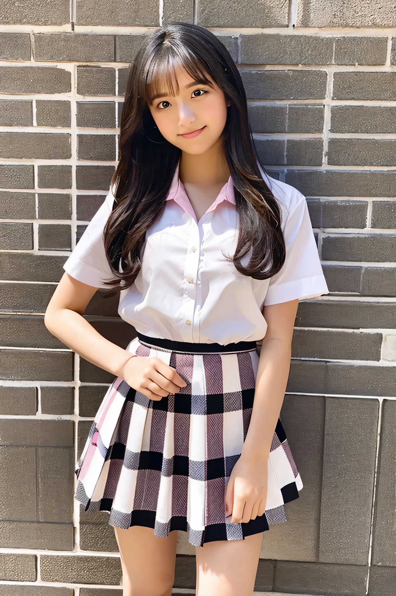 An 18-year-old high school girl wearing a white shirt and a pink plaid miniskirt..（black hair）