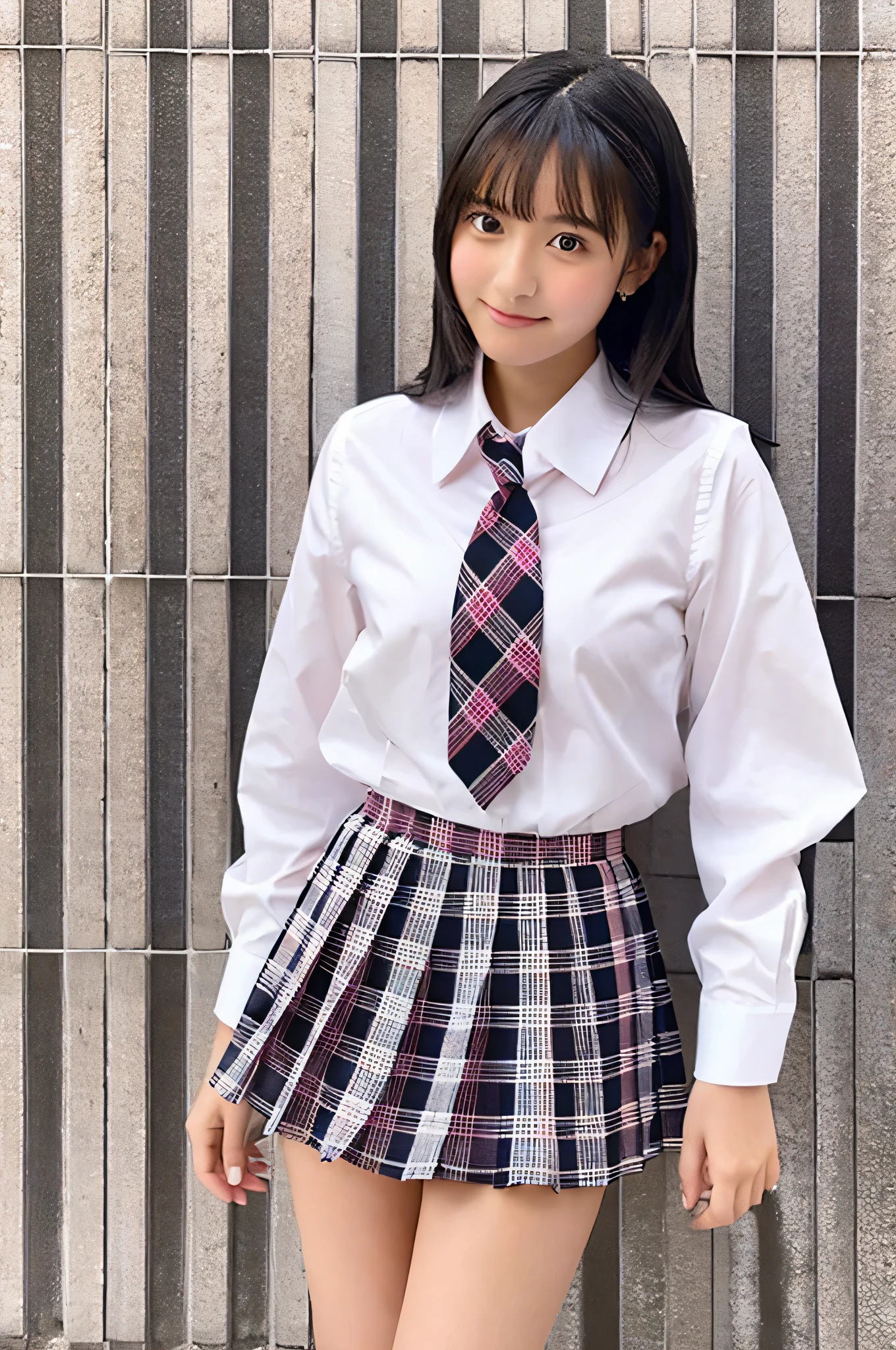 An 18-year-old high school girl wearing a white shirt and a pink plaid miniskirt..（black hair）