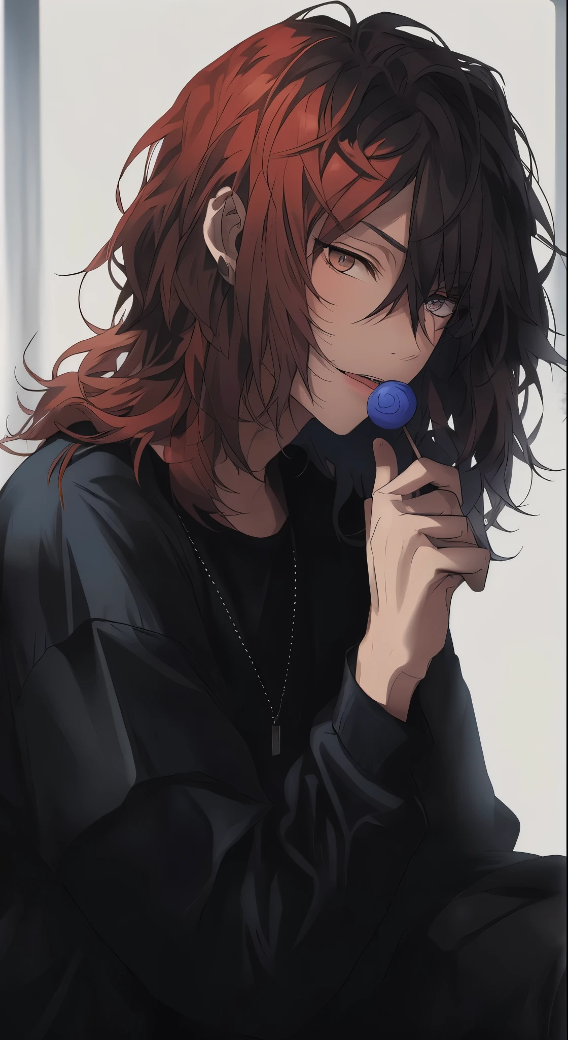 gray eyes,  Beautiful young man, red hair, shoulder length hair, slit eyes, blue lollipop, black casual clothes, monotone room,high quality, amount of drawing, pixiv illustration