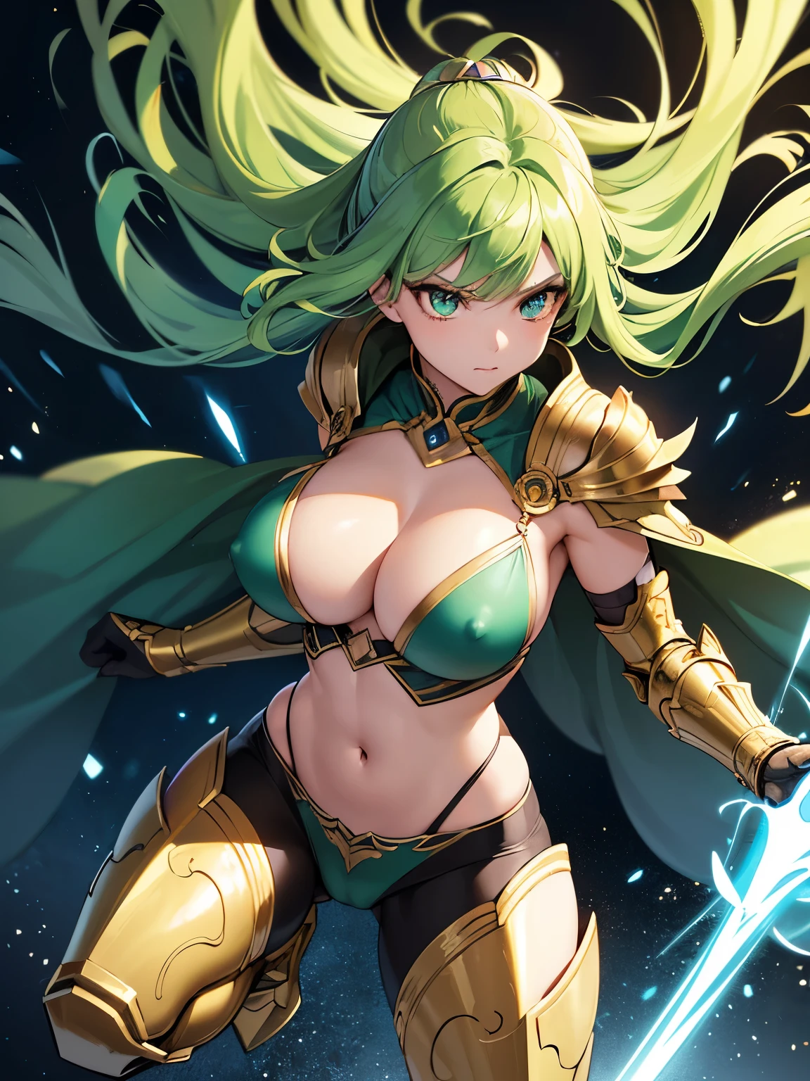 (a girl wearing a green bikini armor, a golden helmet)
(best quality, ultra-detailed), vibrant colors, vivid lighting, realistic armor details, intricate helmet design, detailed reflections, professional artwork, stunningly sharp focus, physically-based rendering, high-res, masterpiece-style, dynamic action pose, sci-fi concept artist, epic battle scene, intense atmosphere, powerful warrior, sci-fi technology, golden aura, fierce expression, strong and confident, realistic textures, glowing energy, futuristic setting, beautiful detailed eyes, perfect makeup, long eyelashes, glossy lips, flowing green hair, golden armor with intricate engravings, shining metallic material, realistic lighting and shadows, dynamic pose emphasizing strength and agility, background scenery with futuristic cityscape, dramatic lighting with vibrant colors, sense of movement, futuristic weapons or equipment, high-tech gadgets, energetic aura surrounding the character. (masterpiece, highest quality, highest quality, official art, beautiful and aesthetic:1.2), (1 girl), highly detailed eyes, (fractal art:1.3), colorful, most detailed, (perfect face), shiny skin, HDR, (White cloak golden lines:1.2), milky way, (light streaks), striking visuals, (dynamic streaks, Path of Light:1.2), bright colors, (Firebird), (dragon)((巨大なtits、tits、cleavage、Erect nipples are clearly visible、erotic face、Open your legs to emphasize your pants、thighs)) 、highest quality,In 4K,8K,High resolution,debris flies:1.2,Super detailed,reality:1.37, ticker,ticker,studio lighting,Ultra-fine painting,titsのシャープなフォーカス,Physically based rendering,extreme details,Professional specifications,Vividness and color、