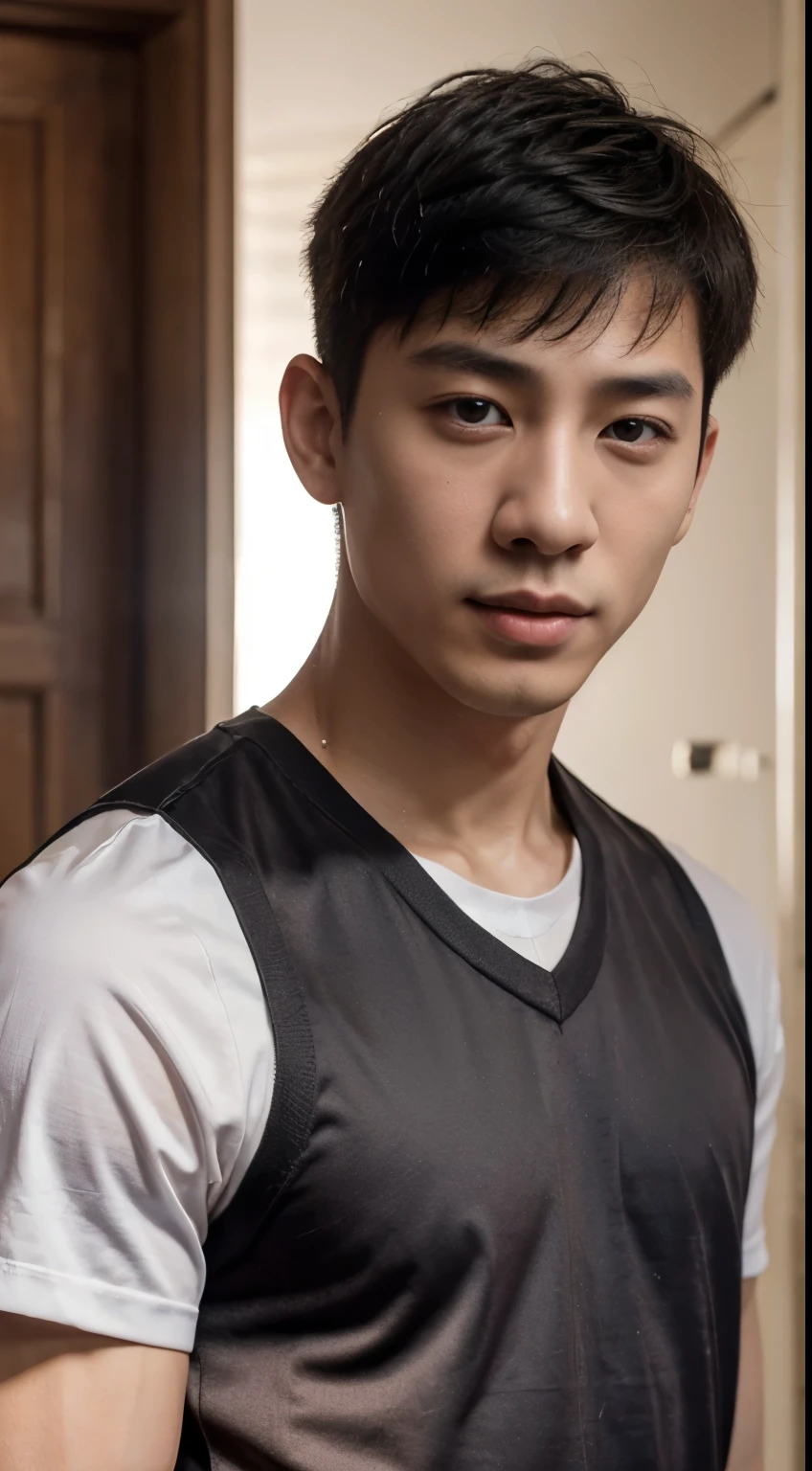 Realistic masterpiece, young Chinese man, Chinese male actor, Deng Lun อายุ 18 ปี, handsome, Good shape, big muscles,Plump muscles, black hair,, Bright black eyes, Narrow eyes, Prominent nose, Thin mouth, Height 180 cm, Good shape, Wear a basketball uniform, The background is a night light. large bulge in the middle Sharp and detailed face. Pictures taken with the Canon 50k camera are clear.. Pinkish-white skin. ใบหน้าhandsome.Clear Face. Deng Lun