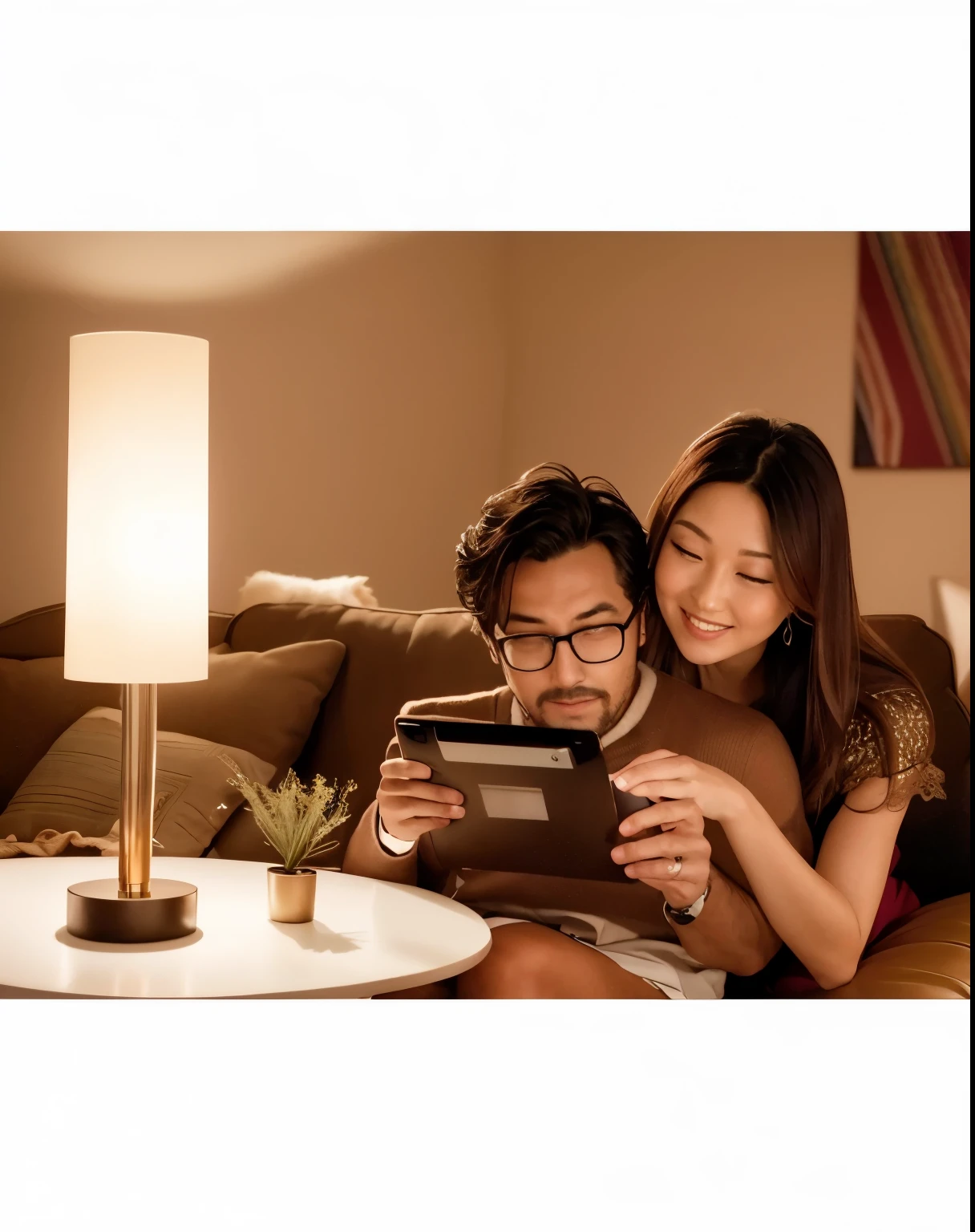 there is a man and woman sitting on a couch looking at a tablet, ambient amber light, warm ambient light, product introduction photo, indoor dim light, soft warm lighting, warm ambient lighting, vibrant atmosphere, elegant design, table light, bright ambient lighting, soft natural light, soft warm light, warm dynamic lighting, natural soft light, bottom angle, indoor soft lighting