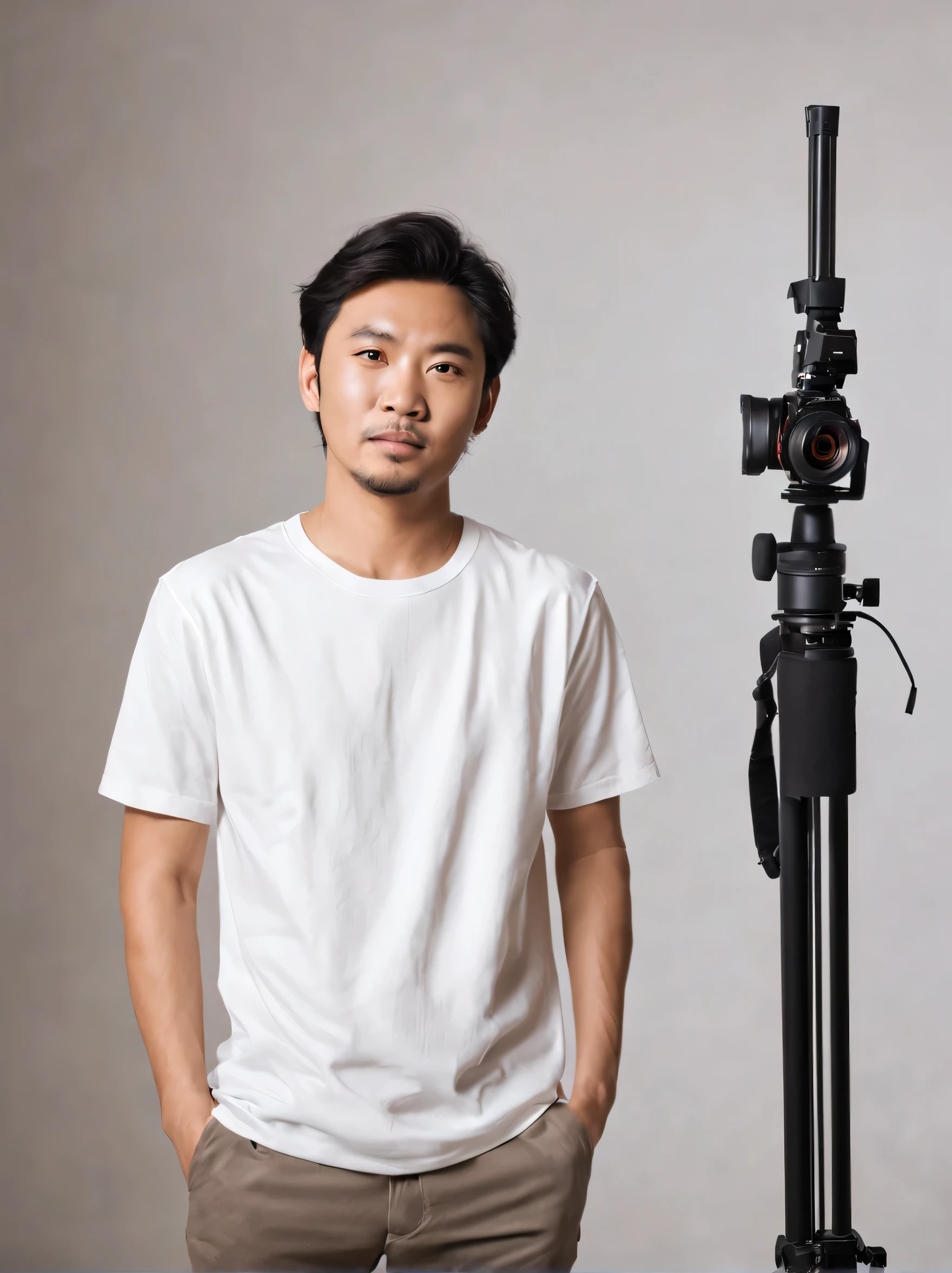 raw photo,indonesian men standing in photo studio wearing loose white t-shirt, stright on camera, with bright studio lighting, photo taken with sony camera