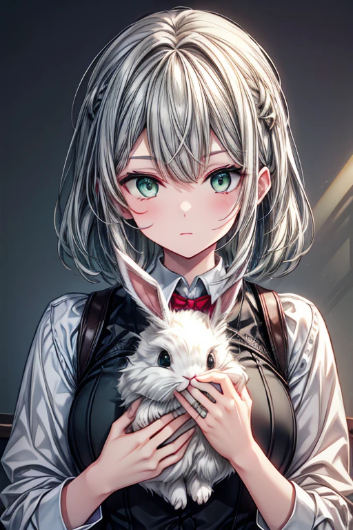 A gray haired young woman with green eyes is holding a bunny
