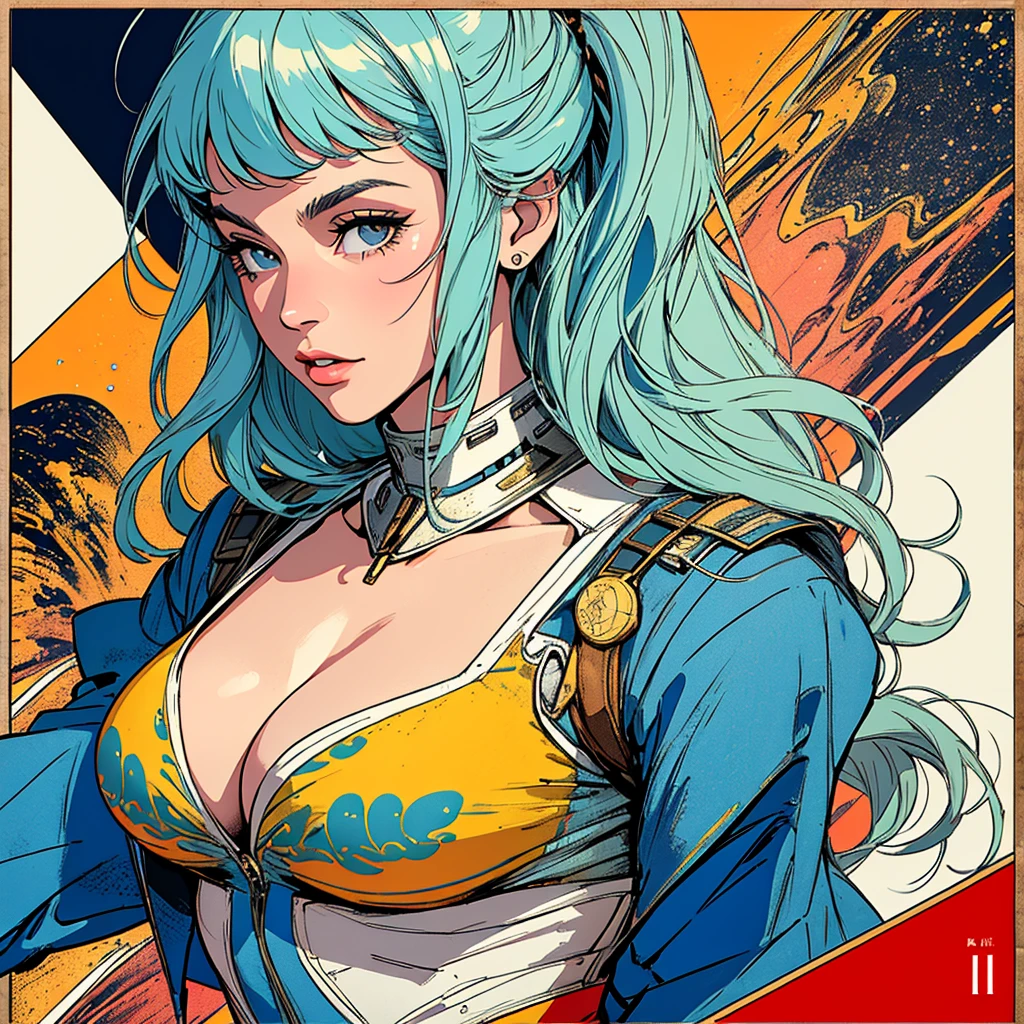 (((highest quality))),masterpiece,1 woman,((the perfect person)),((Super beautiful woman)),detailed perfect face,retro,vintage,classic,60's,70's,80's,old movie posters,abstract,((スペーススリラーmovie poster)),(Futuristic),Geometric pattern,very delicate,movie poster_white frame,universe,Milky Way,planet,,propaganda,universe飛行士, enhancement,simple,(),(cleavage),