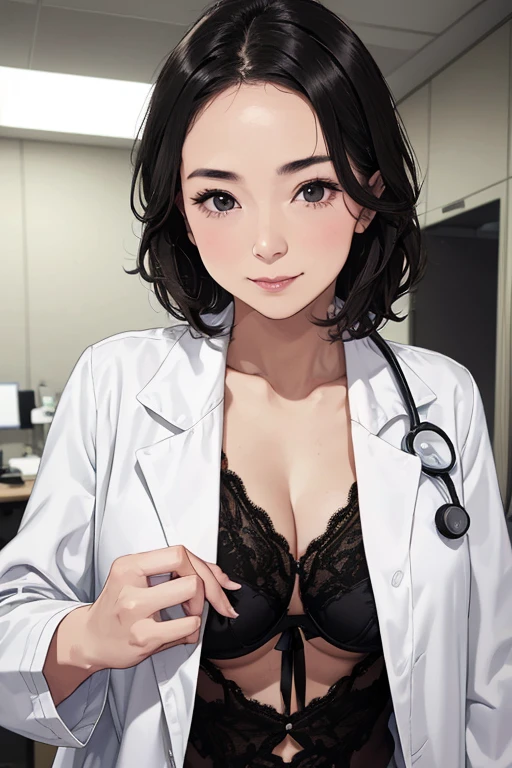 ((she is a Photorealistic beautiful doctor:1.3)), ((big tits:1.1)), ((She's wearing a doctors white coat over (black sexy lingerie:1.1) in the exam room:1.3)), black underwear, (doctor in a white lab coat:1.1), (Doctor's attire), masutepiece, Best Quality, Ultra-detailed, finely detail, hight resolution, Perfect dynamic composition, Beautiful detailed eyes, mid-chest, Natural Color Lip, Random and sexy poses, Smile, 48 years beautiful women, Examination room, stethoscope, Ultra-realistic capture, Highly detailed, High resolution 16k close-up of human skin. Skin texture must be natural, With such detail that pores can be finely identified. Skin should look healthy, In a uniform tone. Use natural light and color、a Japanese actress in her 48s with a bewitchingly beautiful appearance、