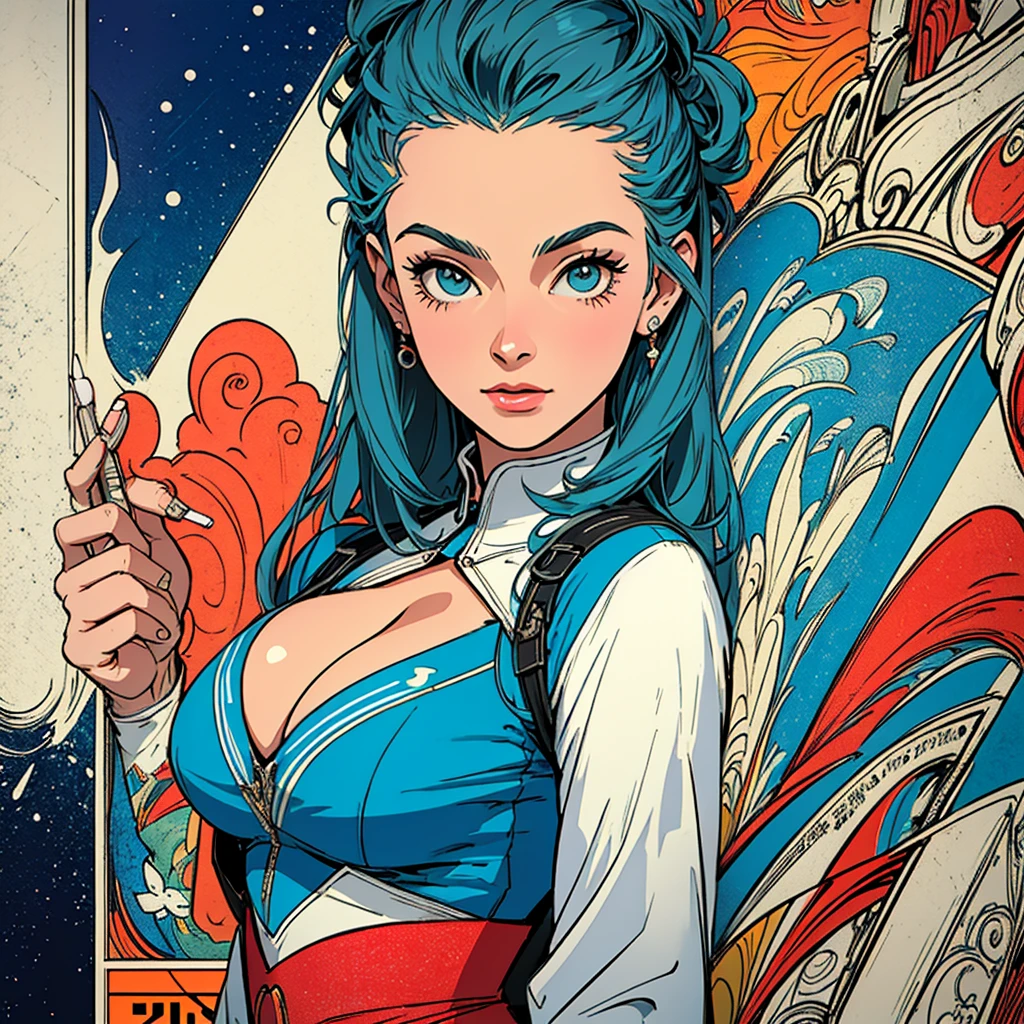(((highest quality))),masterpiece,1 woman,((the perfect person)),((Super beautiful woman)),detailed perfect face,retro,vintage,classic,60's,70's,80's,old movie posters,abstract,((スペーススリラーmovie poster)),(Futuristic),Geometric pattern,very delicate,movie poster_white frame,universe,Milky Way,planet,,propaganda,universe飛行士,breast enhancement,simple,(big breasts),(cleavage),