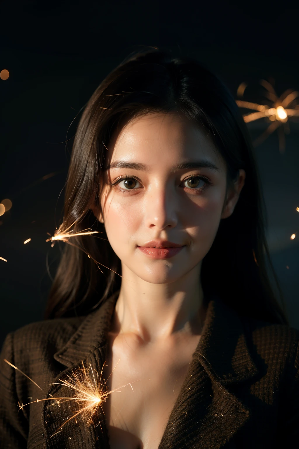 1 girl, Smile, iris, dramatic angle, space, (Colorful sparks floating:1.3), dramatic lighting, chiaroscuro, evoke depth