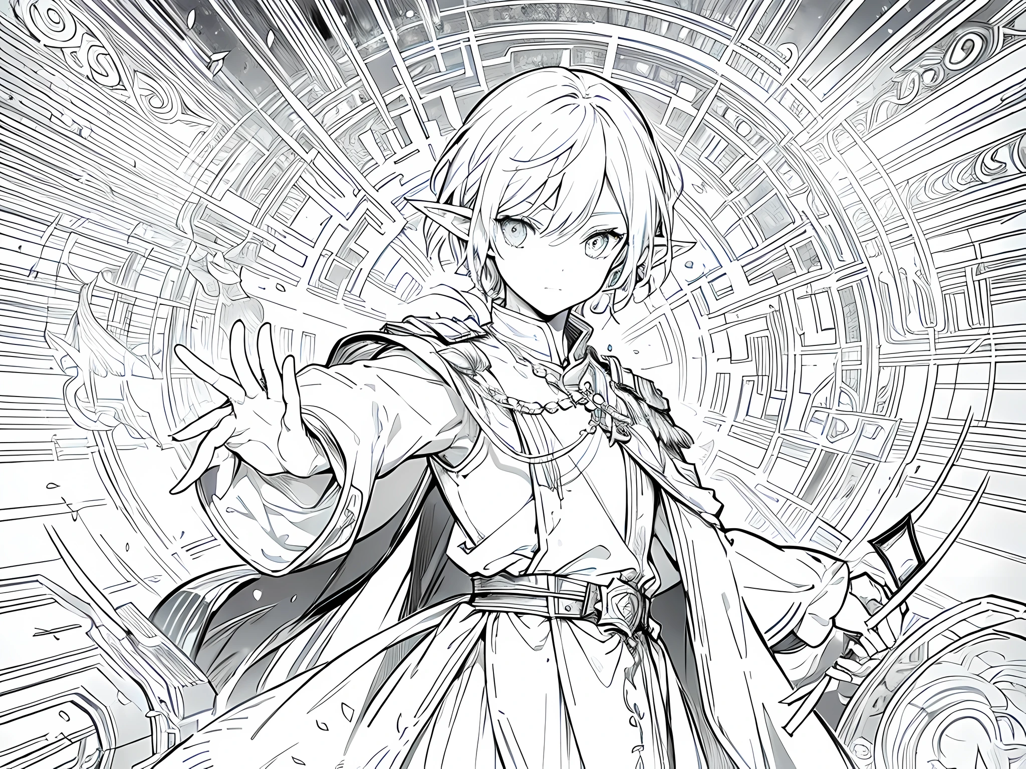 1 young elf man, wearing typical elf outfit, his hand pointing something and casting a magic spell from his right hand, face to detail, detailed face, the background is just white, monochrome (clear line, lineart), half-body illustration
