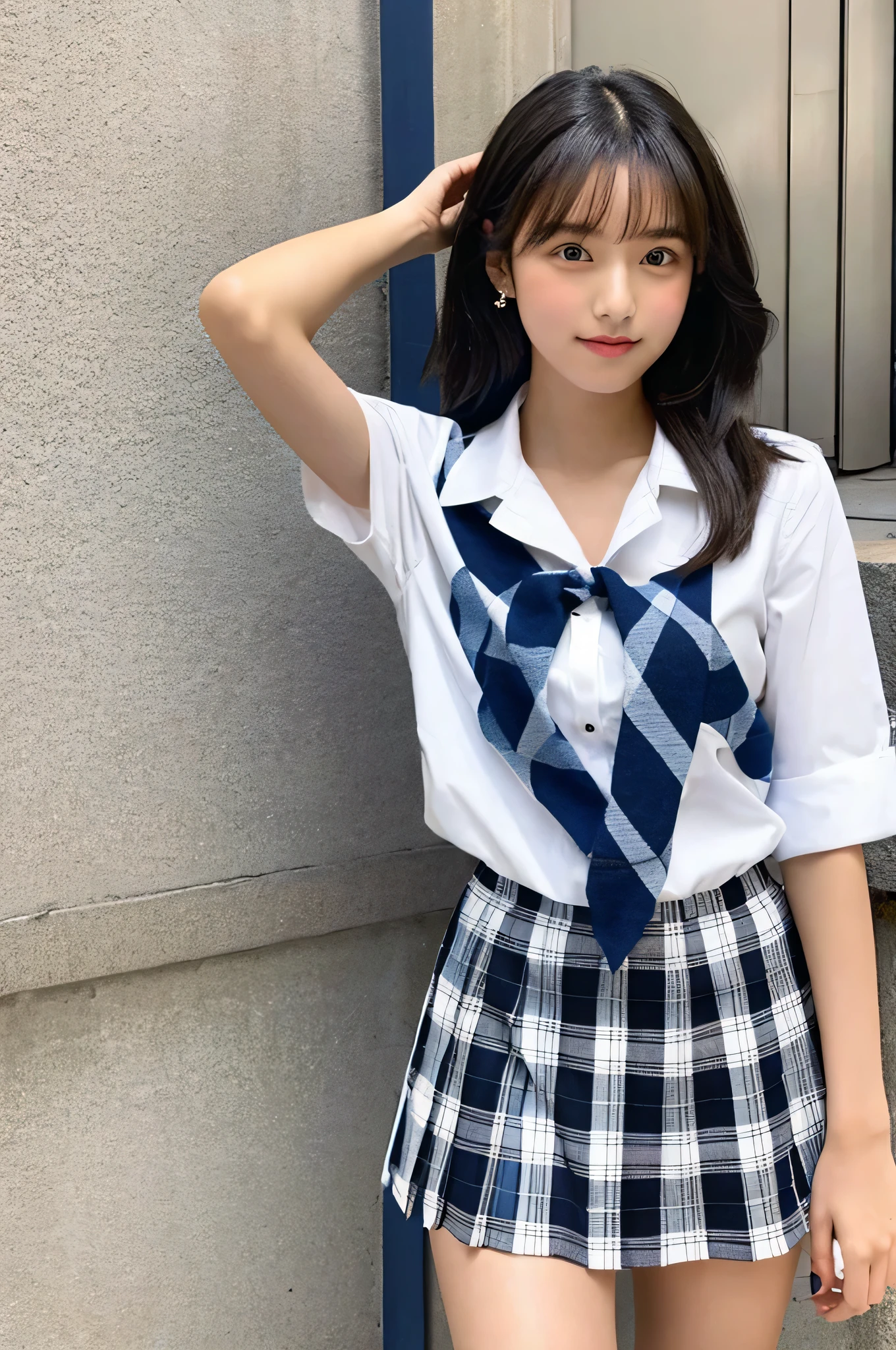 An 18-year-old high school girl wearing a white shirt and an indigo plaid miniskirt..(black hair)
