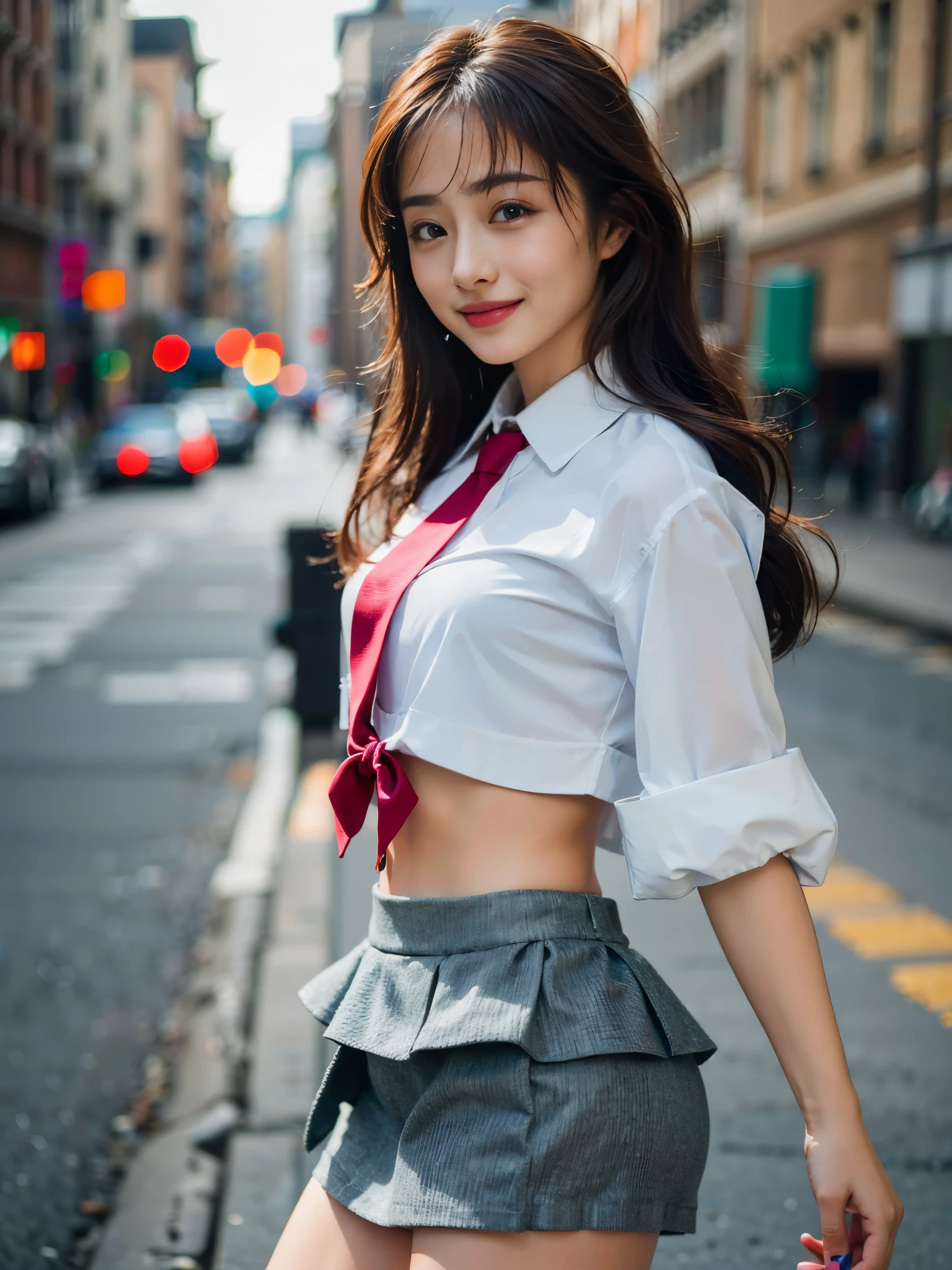 （8K、Raw photography、top-quality、​masterpiece：1.2),(half updo:1.3),watching at viewers,Looking at the front,White muscle,(Long white shirt with red bow tie、Cute panties in bright colors、Plump panties:1.4)、(large full breasts:1.2),(Thigh close-up、Cameltoe:1.4),Realistic skin type、(二重まぶた、drooing eyes、Charming、purity、double tooth:1.2)、超A high resolution,(One Person、独奏), 独奏,fullllbody,hi-school girl,A Japanese Lady,is standing,（Photorealsitic：1.37）、Photon mapping,Realistic、(Cute little face: 1.8)、(Cute smile: 1.8)、(with round face: 1.7)、Radio City、Physically Based Rendering、Foreground、depth of fields、Blurry background、a picture,Nogizaka Idol, Japanese ido、 fully body photo、Nice figure、big breasts thin waist、Kubire、super definition