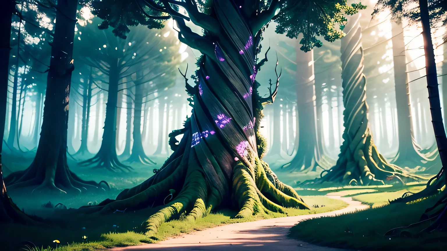 Twisted trees and luminescent flowers created a fairytale setting, But Mia knew that behind the beauty there could be hidden dangers. sombra projetada, anaglyph, estereograma, Atmospheric perspective, profundidade de campo, plano amplo, lateralmente, 8k, super detalhe, preciso, melhor qualidade, 1080P