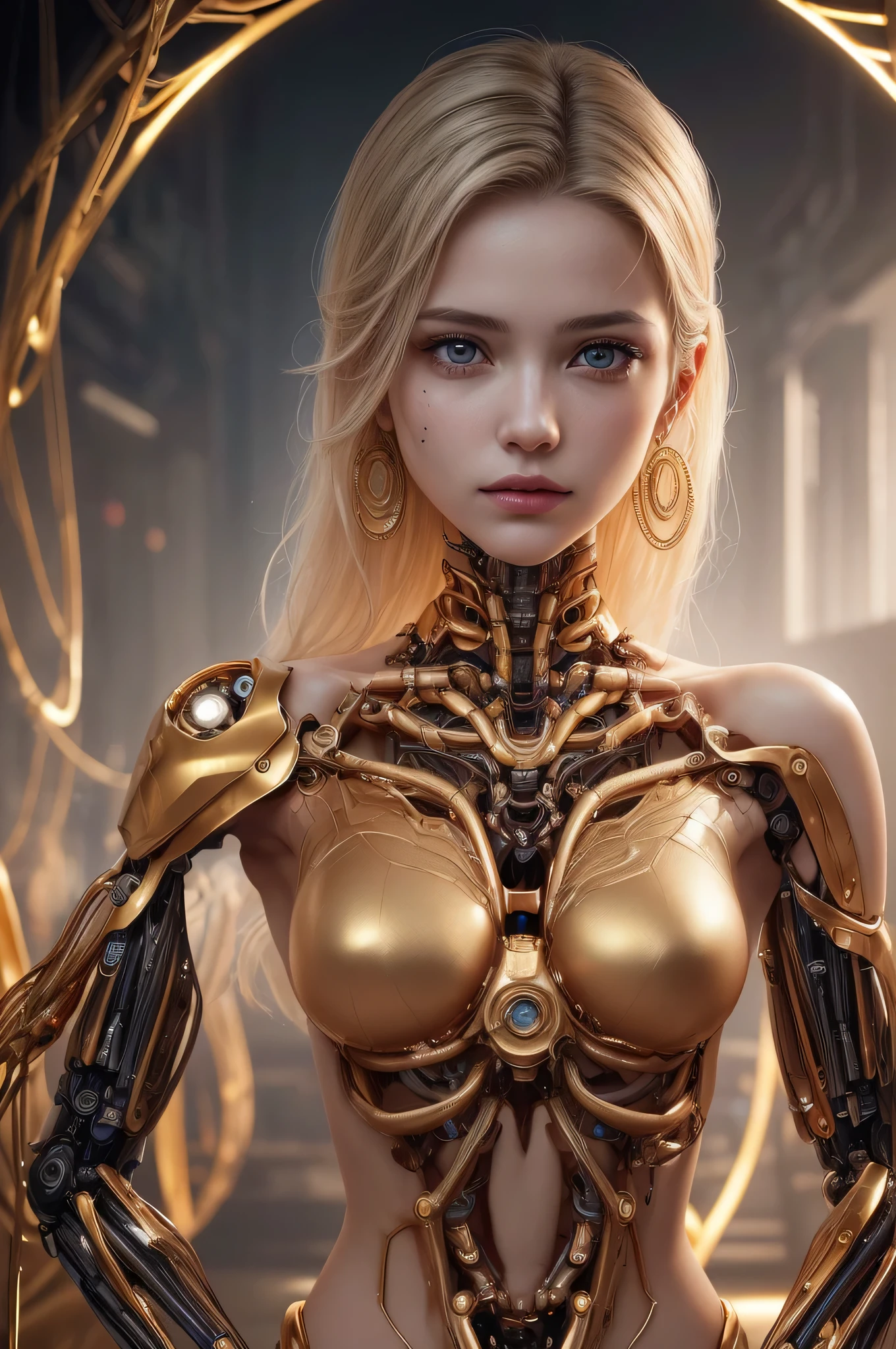 (1girl), (human face, human skin:1.3), Highly Detailed Beautiful girl, (extremely detailed beautiful face), Amazing face and eyes, beautiful breasts, (Highest Quality: 1.4), (Super Detailed), (Very Delicate and Beautiful), golden body, Biomechanical Cyborg, Beautiful Natural Shapes, Arteries, Veins , lace, colorful details, diamond earrings, very delicate embroidery, intricate details, surreal, Super detailed, cyborg girl, realistic, (Special skin that allows the inside of the body to be seen through, translucent skin, Precise golden body, hollow body interior, half-human translucent human body, skin made of extremely complex layers of metal fibers, extremely complex body made up of countless IC chips structure: 1.6), iridescent, futuristic, super complex, super beautiful, highly detailed CG unified 8K wallpaper, high resolution raw color photo, professional photo, flesh and blood, (cyber punk, Spiral structure, future urban cyberspace, iridescent illumination, dazzling light:1.35), sf, A scene from an impossible movie