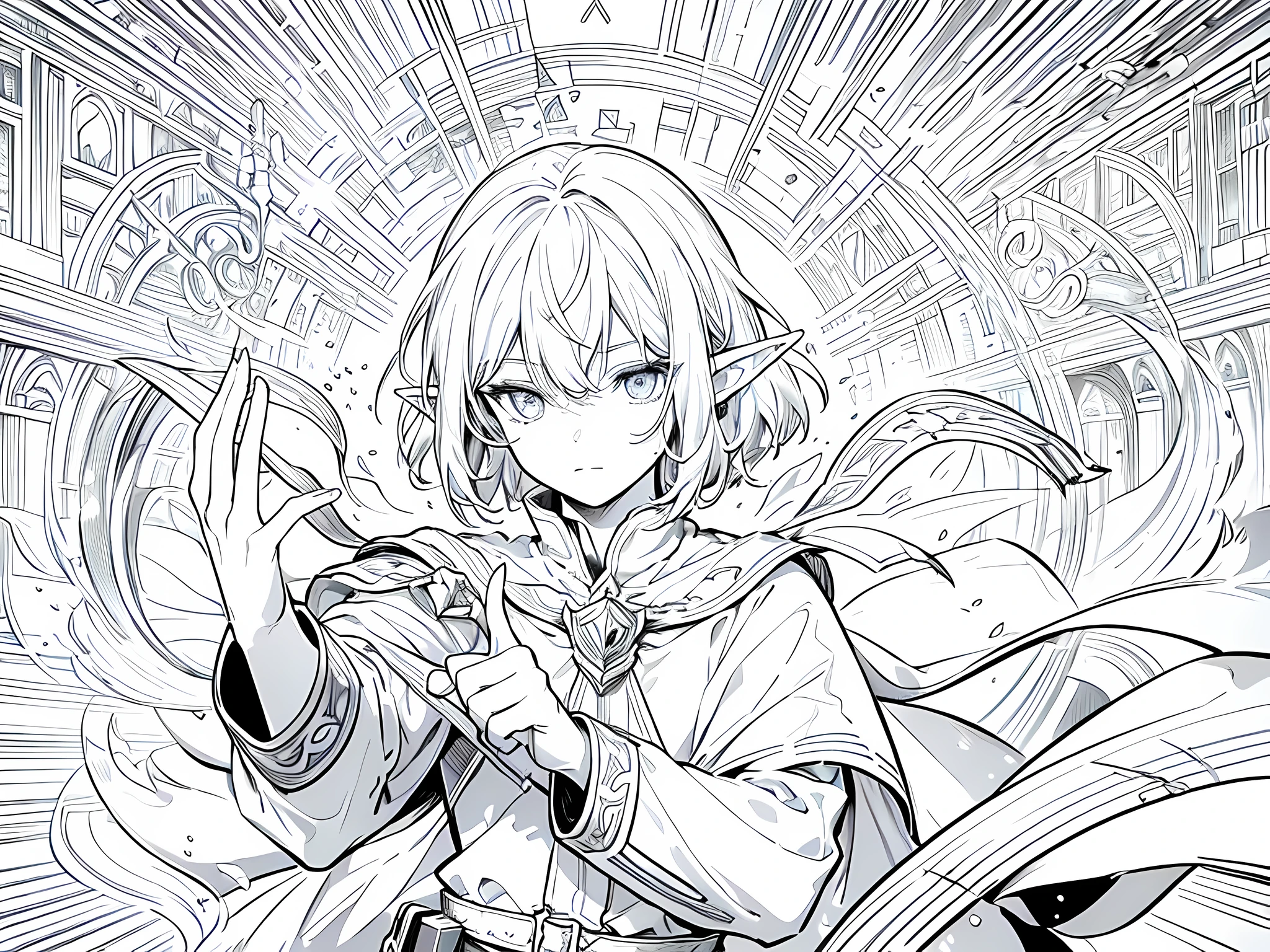 1 young elf man, wearing typical elf outfit, his hand pointing something and casting a magic spell from his right hand, face to detail, detailed face, the background is just white, monochrome (clear line, lineart), half-body illustration