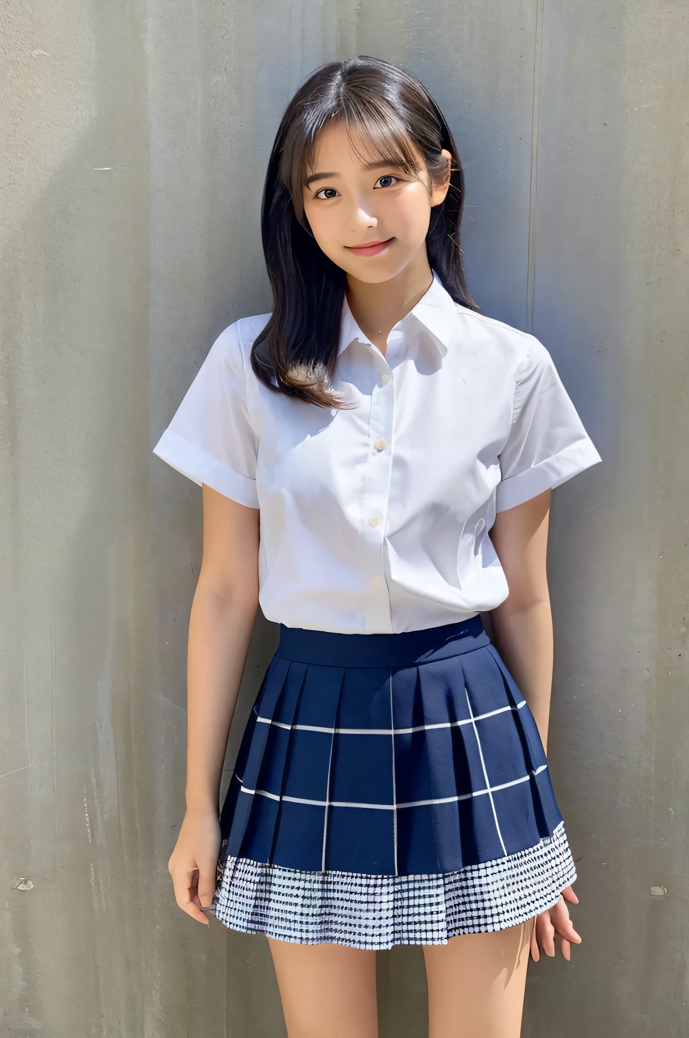 An 18-year-old high school girl wearing a white shirt and an indigo plaid miniskirt..(black hair)