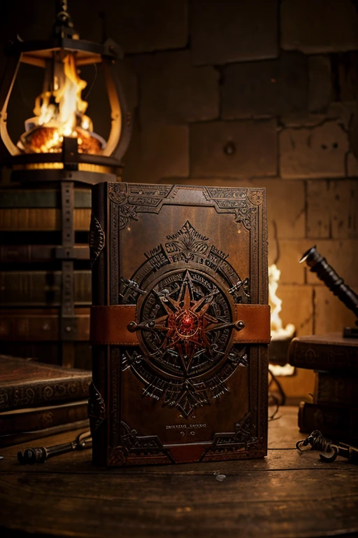 create a grimoire which is a book bound in aged leather, com uma capa escura e texturizada. No centro da capa, there is a burning anvil, surrounded by intricate gears and interlocking hammers. A bigorna emite um brilho dourado, while flames are represented with reddish and orange tones,