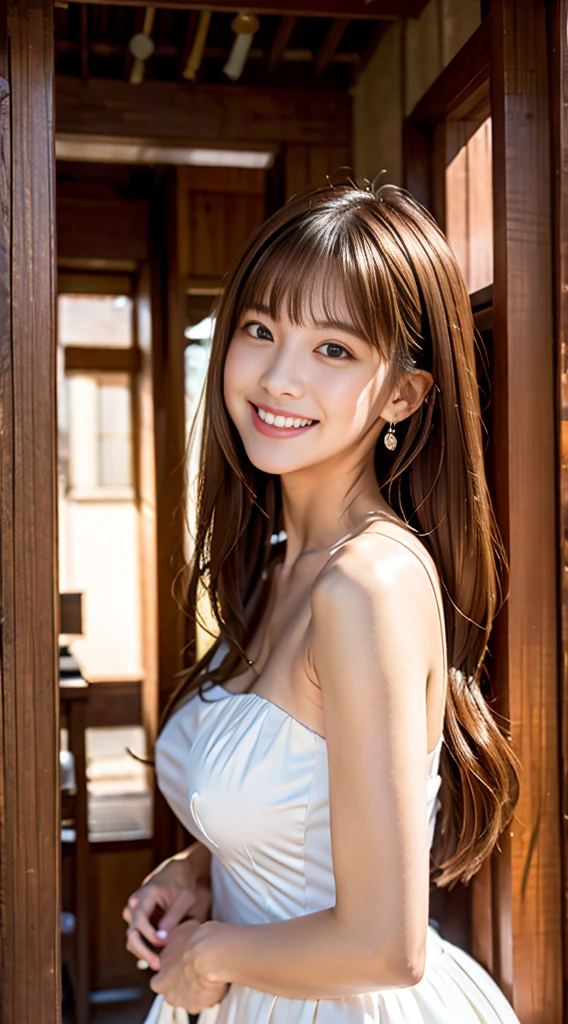 8K、RAW photo、best quality、master piece:1.2、Realistic、((white ta costume))、 japanese woman、20 year old female、Realisticな目、beautiful detailed eyes、(real skin: 1.3)、cute smile、medium long hair、beautiful skin、超High resolution、High resolution、Upper body、 exposed bare shoulders、ancient city、(((Inside the city)))、brown hair、high quality、looking at the viewer、