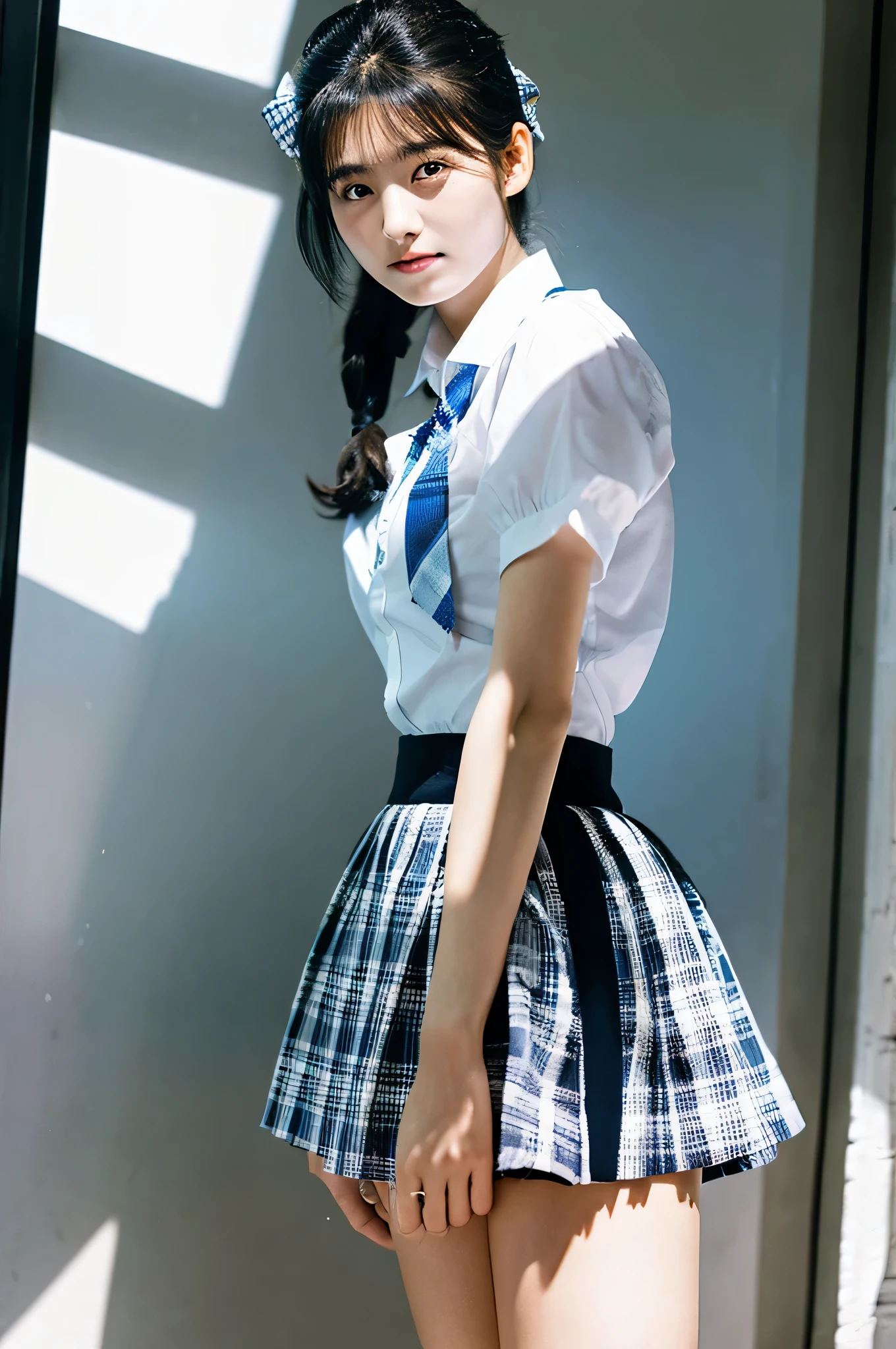 An 18-year-old high school girl wearing a white shirt and a blue plaid miniskirt..(black hair ponytail)