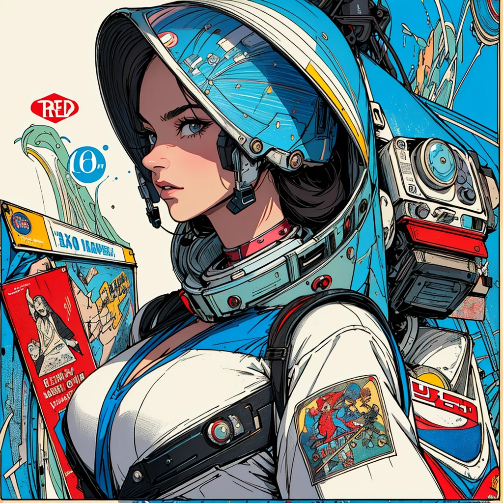 (((highest quality))),masterpiece,1 woman,((the perfect person)),((Super beautiful woman)),detailed perfect face,retro,vintage,classic,60's,70's,80&#39;s,old movie posters,abstract,((スペーススリラーmovie poster)),(Futuristic),Geometric pattern,very delicate,movie poster_white frame,universe,Milky Way,planet,,propaganda,universe飛行士,breast enhancement,simple,(big breasts),(cleavage),cyber punk,