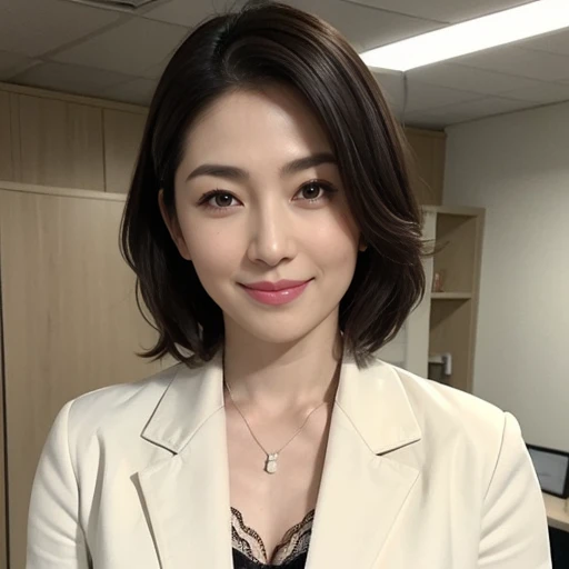((she is a Photorealistic beautiful doctor:1.3)), ((big tits:1.1)), ((She's wearing a doctors white coat over (black sexy lingerie:1.1) in the exam room:1.3)), black underwear, (doctor in a white lab coat:1.1), (Doctor's attire), masutepiece, Best Quality, Ultra-detailed, finely detail, hight resolution, Perfect dynamic composition, Beautiful detailed eyes, mid-chest, Natural Color Lip, Random and sexy poses, Smile, 48 years beautiful women, Examination room, stethoscope, Ultra-realistic capture, Highly detailed, High resolution 16k close-up of human skin. Skin texture must be natural, With such detail that pores can be finely identified. Skin should look healthy, In a uniform tone. Use natural light and color、a Japanese actress in her 48s with a bewitchingly beautiful appearance、