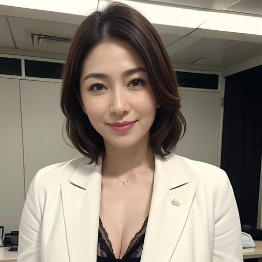 ((she is a Photorealistic beautiful doctor:1.3)), ((big tits:1.1)), ((She's wearing a doctors white coat over (black sexy lingerie:1.1) in the exam room:1.3)), black underwear, (doctor in a white lab coat:1.1), (Doctor's attire), masutepiece, Best Quality, Ultra-detailed, finely detail, hight resolution, Perfect dynamic composition, Beautiful detailed eyes, mid-chest, Natural Color Lip, Random and sexy poses, Smile, 48 years beautiful women, Examination room, stethoscope, Ultra-realistic capture, Highly detailed, High resolution 16k close-up of human skin. Skin texture must be natural, With such detail that pores can be finely identified. Skin should look healthy, In a uniform tone. Use natural light and color、a Japanese actress in her 48s with a bewitchingly beautiful appearance、